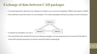 Exchange of data between CAD packages
 To transfer geometric data from one software to another e.g. to carry out modeling in PRO/E and analysis in ANSYS
 One method to meet this need is to use translators. This means developer will have to produce its own translators
 A solution to translators is to use neutral files
 The neutral files have standard formats and software packages can have preprocessors to convert the file data to
neutral file and post processors to convert neutral file data to drawing file
39
 
