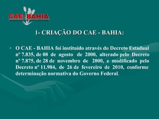 1- CRIAÇÃO DO CAE - BAHIA:

• O CAE - BAHIA foi instituído através do Decreto Estadual
  nº 7.835, de 08 de agosto de 2000, alterado pelo Decreto
  nº 7.875, de 28 de novembro de 2000, e modificado pelo
  Decreto nº 11.984, de 26 de fevereiro de 2010, conforme
  determinação normativa do Governo Federal.
 
