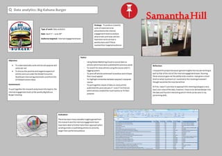 SamanthaHill
Q Data analytics: Big Kahuna Burger
Type of work: Data analytics
Date: April 1st
– June 20th
Audience targeted: Internal engagementteam
Strategy: To produce a weekly
suite of materialstobe
presentedtothe internal
engagementteamtoanalyse
whatemailsandnewsarticles
have beensentoutovera
weeklybasisandif these
reachedtheirtargetedaudience
Objective:
 To understandwhysome articlesare popularand
some are not
 To discussthe positive andnegativeaspectsof
articlessentoutunderthe Global Consumer
Healthcare internal tagandemailssendfromthe
CH Global Commsinbox
Involvement:
To pull togetherthe researchandpresentthisbackto the
internal engagementteamatthe weeklyBigKahuna
Burgermeeting
Tactics:
- UsingAdobe MarketingCloud tosource data on
articleswhichhave beenpublishedthe previousweek
- To search fornewsarticlesusingthe source andit’s
taggingsystem
- To printoff articlesandemailstoanalyse andcritique
theirvisual appeal
- To highlightsimilaritiesbetweenpopular/unpopular
stories
- To pull togetherabank of data on everyarticle
publishedthisyear(January1st
-June1st
) tofindout
whicharticles createdthe mosttractionor fit their
purpose
Evaluation:
There has beenmanyvaluable insightsgainedfrom
thisresearchand the internal engagementteam
have beenable tofurthertailortheirapproachwhen
sendingemailsorpublishingarticlestocorrectly
target theirpreferredaudience
Reflection:
I enjoyedthisprojectbecauseIgainedinsightsintomyownwritingas
well asthat of the restof the internal engagementteam.Running
these sessionsgave me the abilitytobe creative;Iwasgivena short
brief onwhat topresentsoI couldtailorthe meetingshoweverI
thoughtwouldbe the mostbeneficial.
At first,Iwasn’tsure how to approachthismeetingandgave a very
basicoverviewof the data, however,Ihave since delveddeeperinto
the data and founditinterestingwhichIthinkcanbe seeninmy
presentingskills.
 