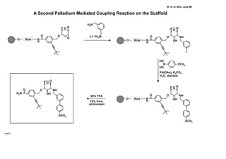 O
O
O
OO
N
H
ORink
A Second Palladium Mediated Coupling Reaction on the Scaffold
HO
HO
B OCH3
O
O
O
OO
N
H
OH
NH
I
Rink
O
O
O
OO
N
H
OH
NH
OCH3
Rink
O
O
OO
NH2 OH
NH
OCH3
20% TFA
72% from
aminoresin
I
H2
N
Li+ Ph4B-
cha12
W. K.-D. Brill, June 96
Pd(OAc)2 K2CO3
H2O, dioxane
 