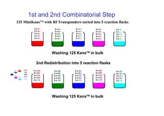 1st and 2nd Combinatorial Step
125 MiniKansTM
with Rf Transponders sorted into 5 reaction flasks
5 x A--
5 x A--
5 x A--
5 x A--
5 x A--
5 x B--
5 x B--
5 x B--
5 x B--
5 x B--
5 x C--
5 x C--
5 x C--
5 x C--
5 x C--
5 x D--
5 x D--
5 x D--
5 x D--
5 x D--
5 x E--
5 x E--
5 x E--
5 x E--
5 x E--
Washing 125 KansTM
in bulk
2nd Redistribution into 5 reaction flasks
5 x AA-
5 x BA-
5 x CA-
5 x DA-
5 x EA-
5 x AB-
5 x BB-
5 x CB-
5 x DB-
5 x EB-
5 x AC-
5 x BC-
5 x CC-
5 x DC-
5 x EC-
5 x AD-
5 x BD-
5 x CD-
5 x DD-
5 x ED-
5 x AE-
5 x BE-
5 x CE-
5 x DE-
5 x EE-
Washing 125 KansTM
in bulk
3
2
1
4
5
 