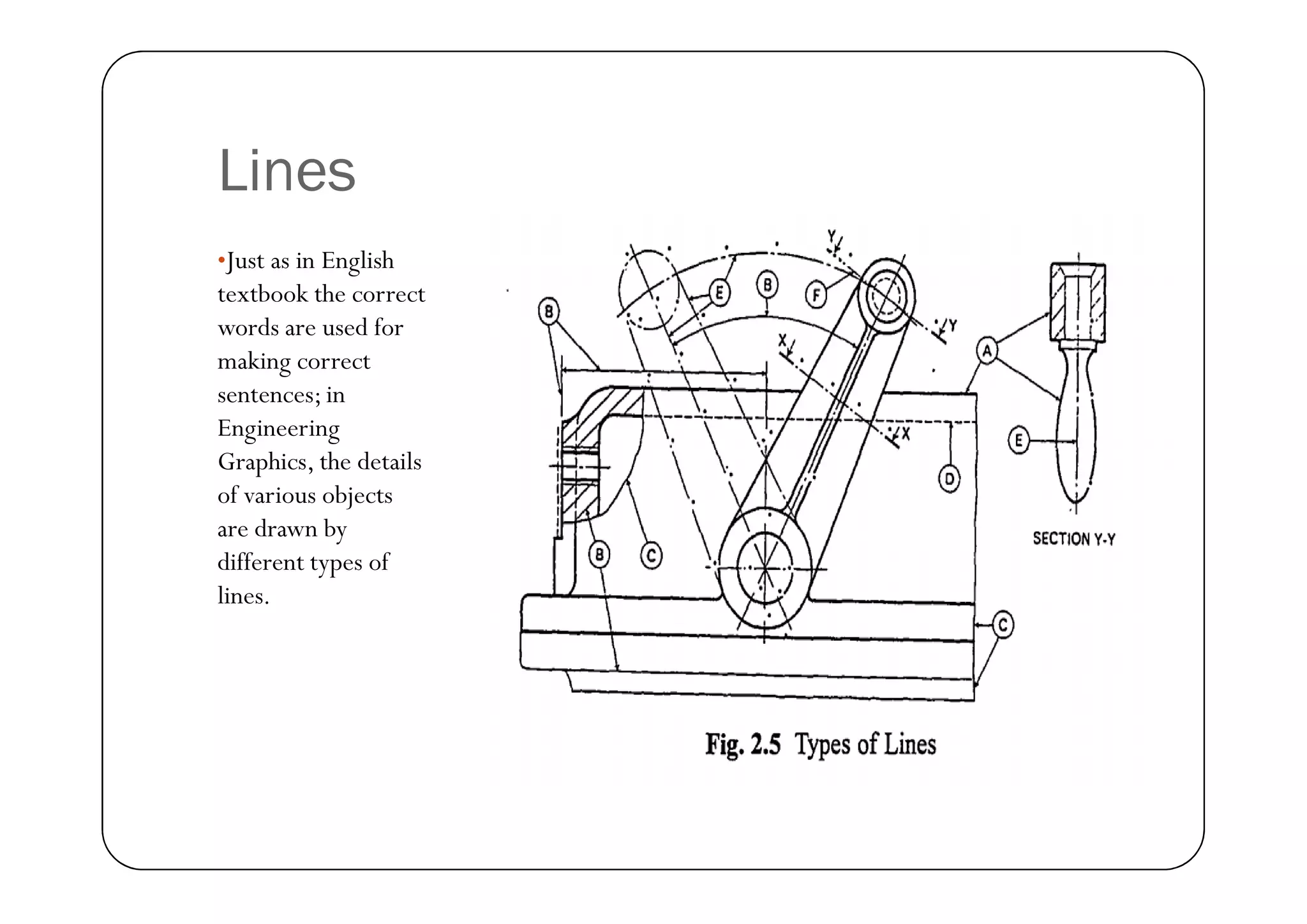 Lines
•Just as in English
textbook the correct
words are used for
making correct
sentences; in
Engineering
Graphics, the details
Graphics, the details
of various objects
are drawn by
different types of
lines.
 