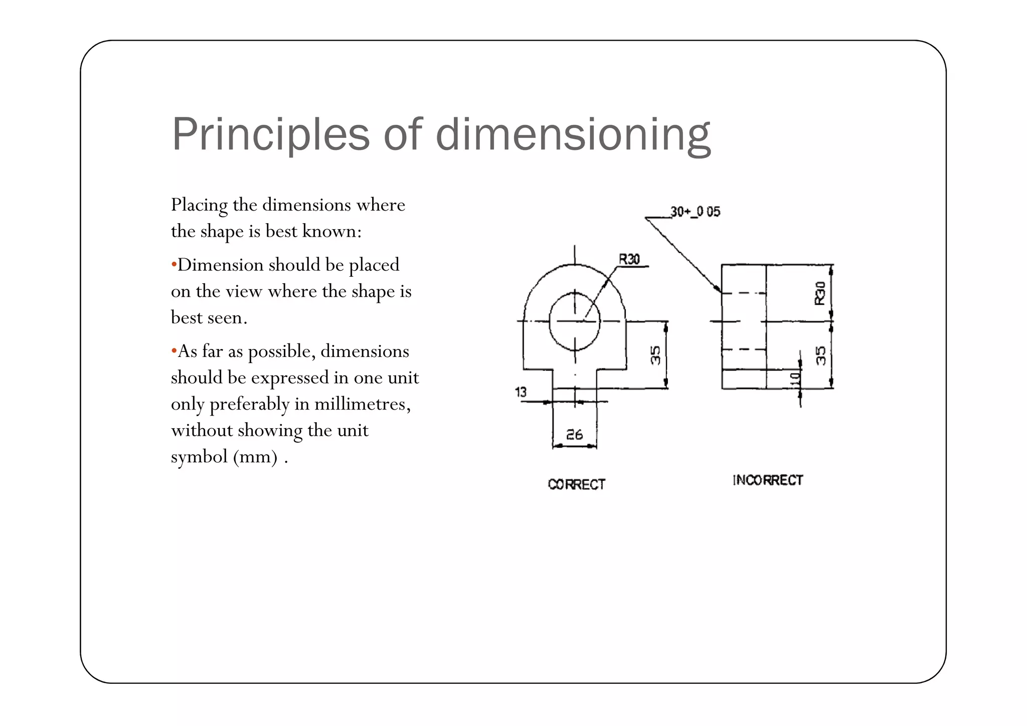 Principles of dimensioning
Placing the dimensions where
the shape is best known:
•Dimension should be placed
on the view where the shape is
best seen.
•As far as possible, dimensions
As far as possible, dimensions
should be expressed in one unit
only preferably in millimetres,
without showing the unit
symbol (mm) .
 