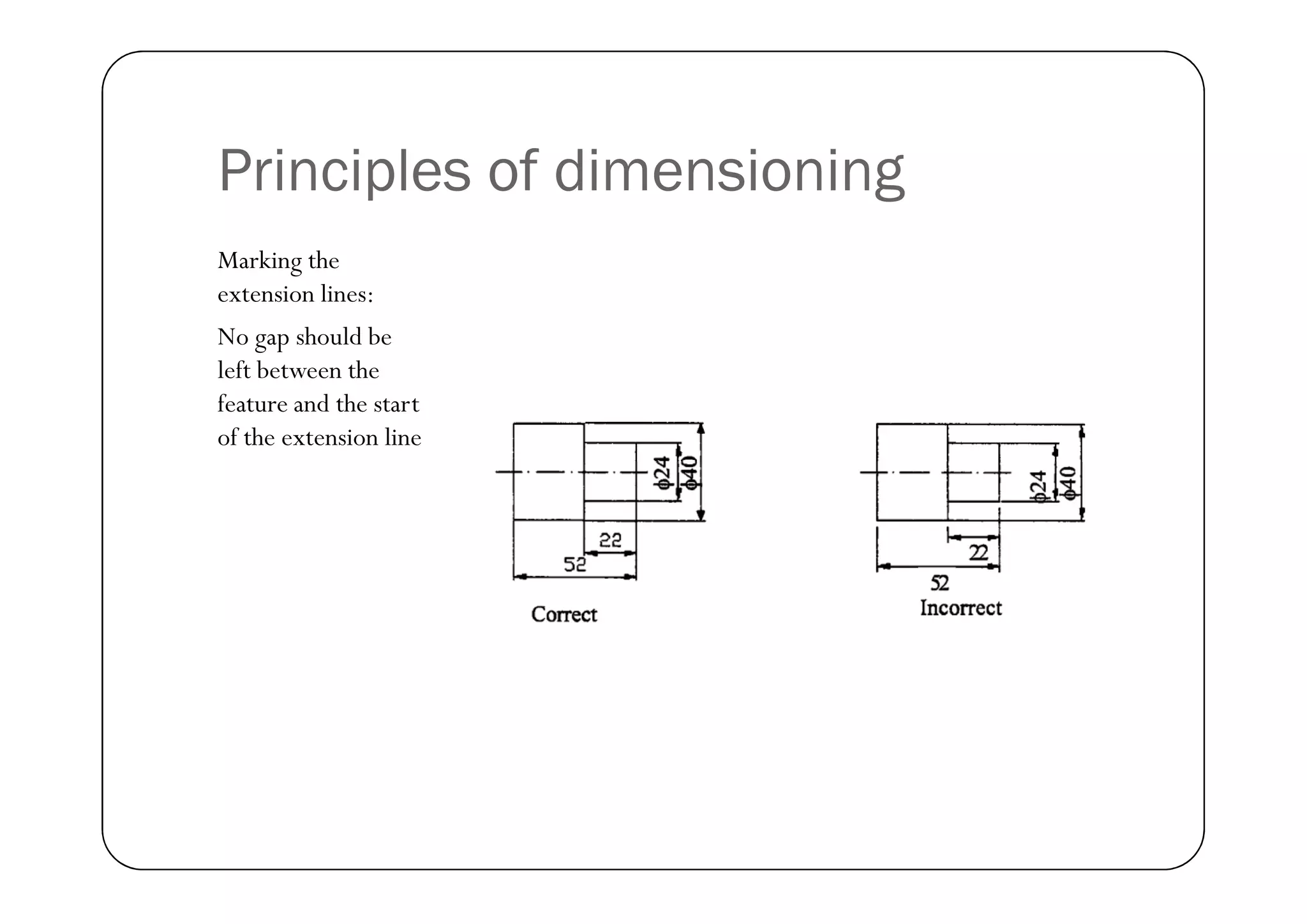 Principles of dimensioning
Marking the
extension lines:
No gap should be
left between the
feature and the start
of the extension line
 