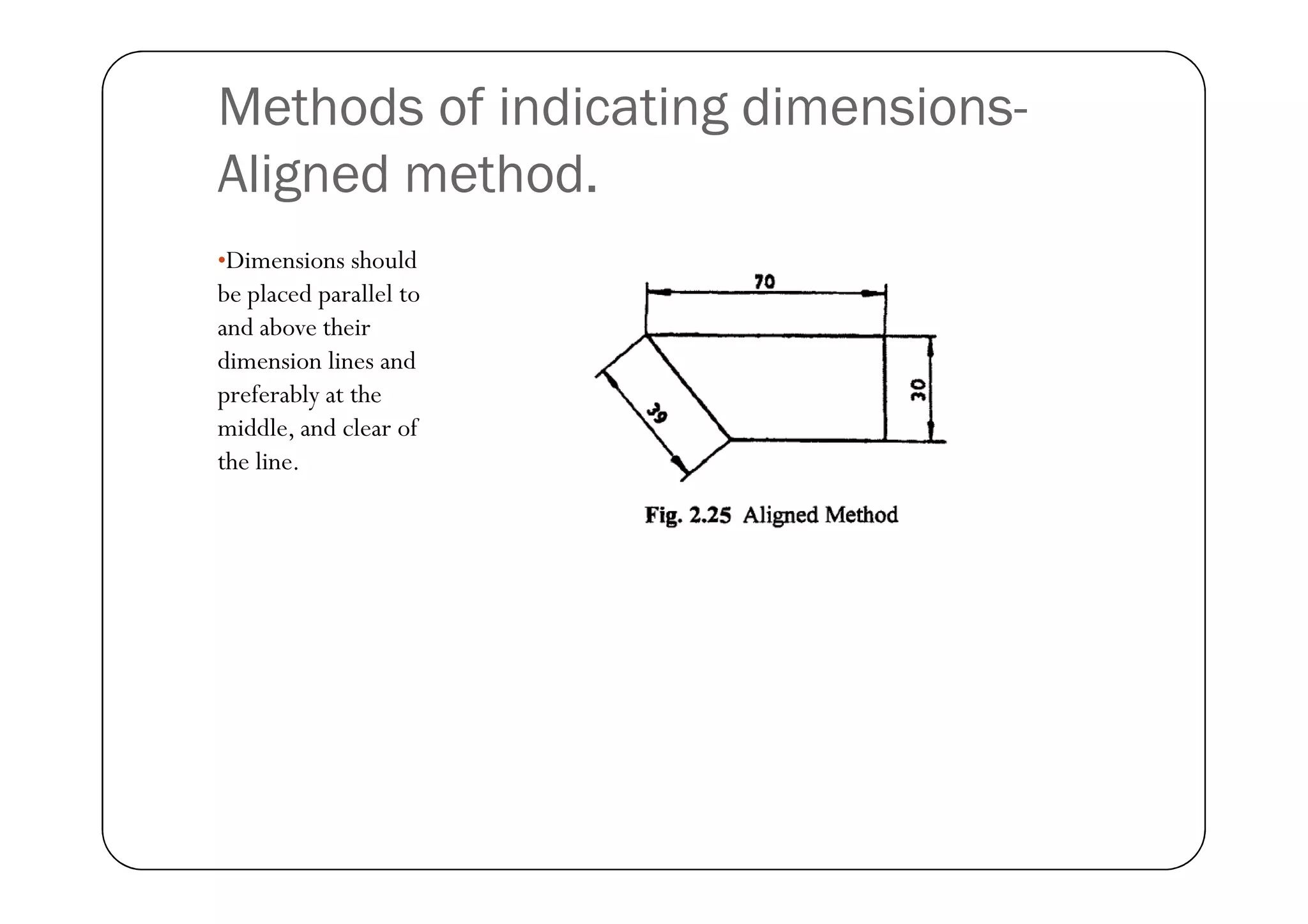 Methods of indicating dimensions-
Aligned method.
•Dimensions should
be placed parallel to
and above their
dimension lines and
preferably at the
middle, and clear of
the line.
the line.
 