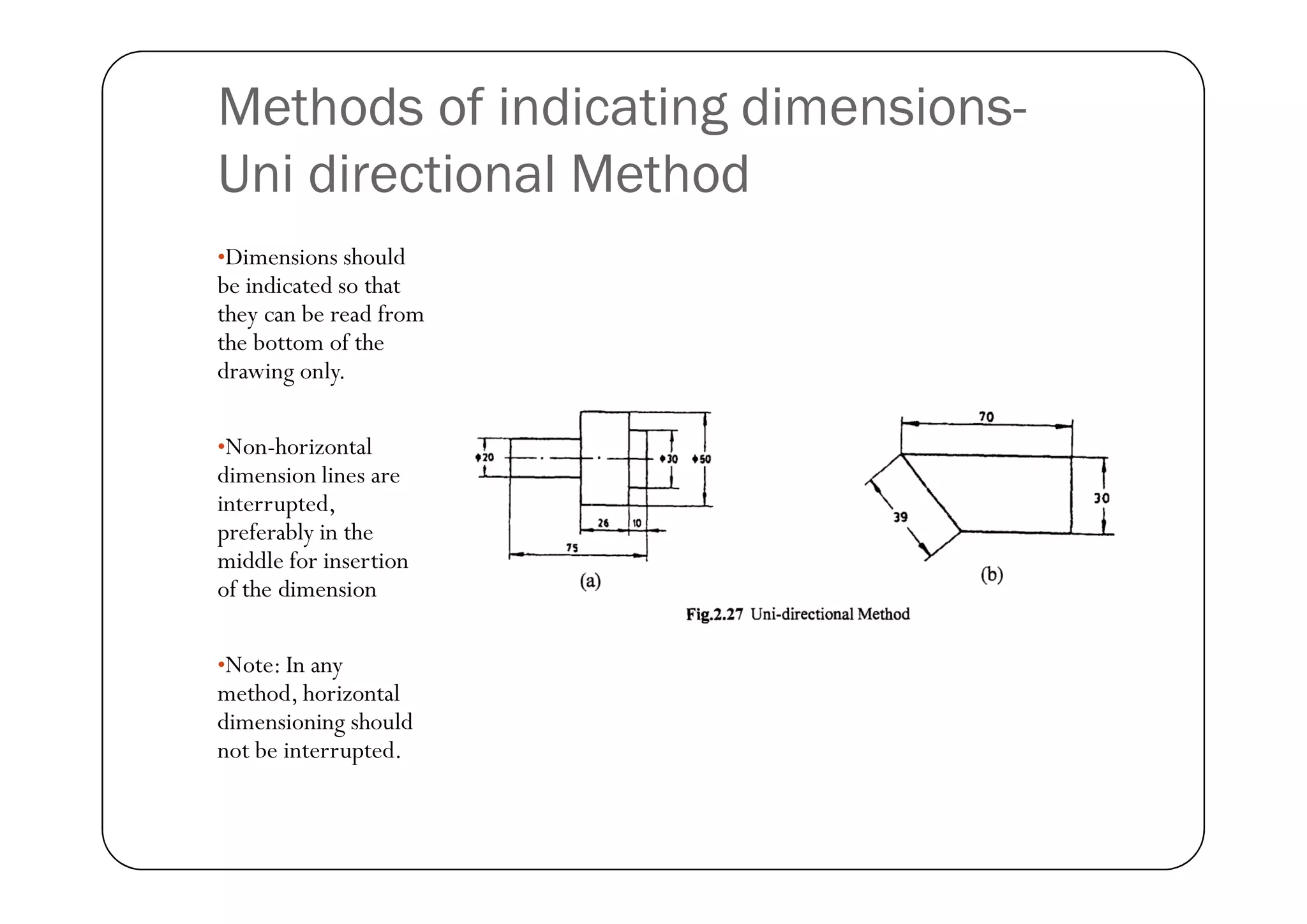 Methods of indicating dimensions-
Uni directional Method
•Dimensions should
be indicated so that
they can be read from
the bottom of the
drawing only.
•Non-horizontal
dimension lines are
Non-horizontal
dimension lines are
interrupted,
preferably in the
middle for insertion
of the dimension
•Note: In any
method, horizontal
dimensioning should
not be interrupted.
 