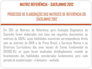 MATRIZ REFERÊNCIA - SAERJINHO 2012
PROCESSO DE ELABORAÇÃO DAS MATRIZES DE REFERÊNCIA DO
SAERJINHO 2012
Em 2011, as Matrizes de Referência para Avaliação Diagnóstica do
Saerjinho foram elaboradas com base nos seguintes documentos: as
matrizes do SAERJ, cujas habilidades encontram correspondência direta
com as matrizes do SAEB e da Prova Brasil; o Currículo Mínimo e as
Diretrizes Curriculares dos anos iniciais do Ensino Fundamental da
SEEDUC-RJ, os quais foram analisados detalhadamente, visando ao
levantamento das habilidades consideradas fundamentais para cada
período de escolarização – e bimestre – avaliado.
 