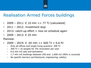 Realisation Armed Forces buildings 
• 2009 – 2011: € 10 mln >> 77 TJ (calculated) 
• 2011 – 2012: investment stop 
• 2013: catch-up effort > now on schedule again 
• 2009 – 2013: € 25 mln 
Planned: 
• 2009 – 2019: € 65 mln >> 600 TJ = 0.6 PJ 
- Only all offices and single living quarters: 300 TJ 
- 300 TJ = 2x targets for 3% renovation per year 
- 0.6 mln m2 sale and demolition 
- 1.7 mln m2 buildings between 250 and 1,000 m2 (90% is covered) 
- No specific barriers (architectural, engineering, safety) 
 