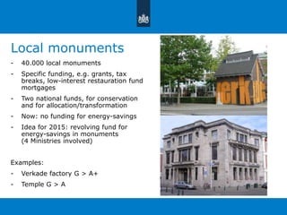 Local monuments 
- 40.000 local monuments 
- Specific funding, e.g. grants, tax 
breaks, low-interest restauration fund 
mortgages 
- Two national funds, for conservation 
and for allocation/transformation 
- Now: no funding for energy-savings 
- Idea for 2015: revolving fund for 
energy-savings in monuments 
(4 Ministries involved) 
Examples: 
- Verkade factory G > A+ 
- Temple G > A 
 