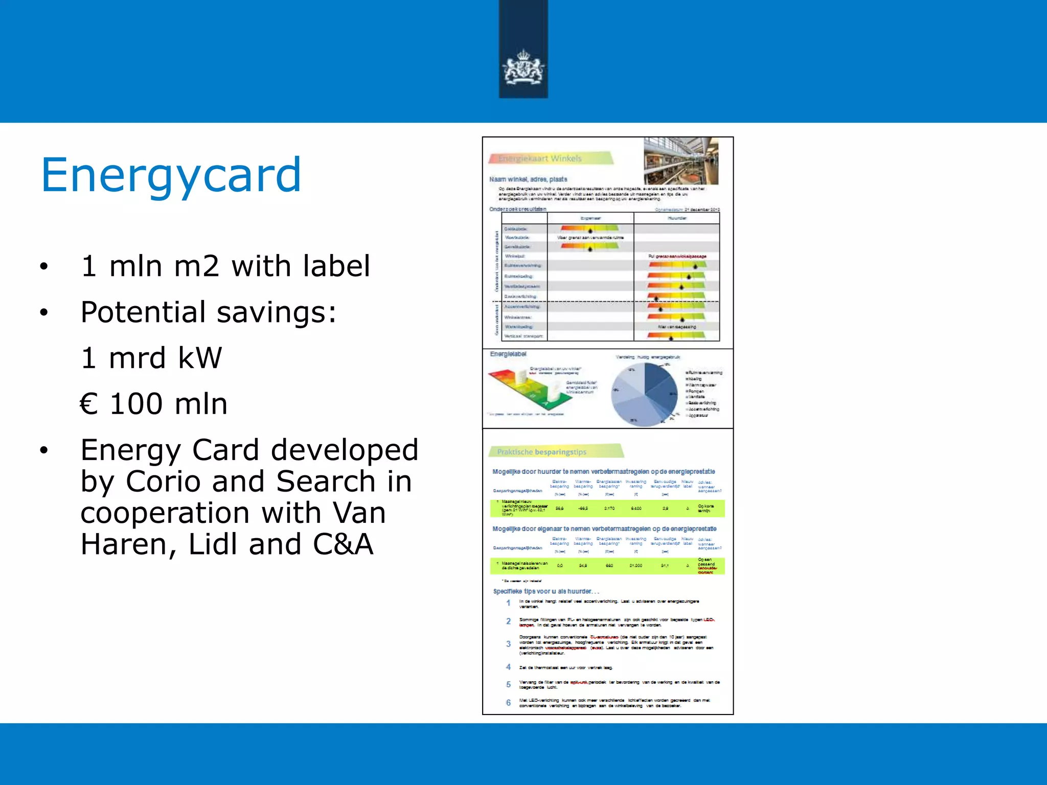 Energycard 
• 1 mln m2 with label 
• Potential savings: 
1 mrd kW 
€ 100 mln 
• Energy Card developed 
by Corio and Search in 
cooperation with Van 
Haren, Lidl and C&A 
 