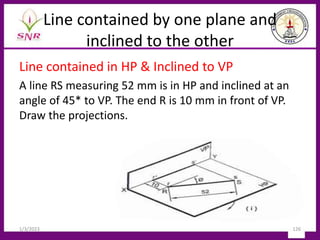 Line contained by one plane and
inclined to the other
1/3/2023 126
Line contained in HP & Inclined to VP
A line RS measuring 52 mm is in HP and inclined at an
angle of 45* to VP. The end R is 10 mm in front of VP.
Draw the projections.
 
