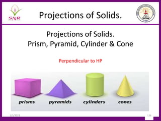 Projections of Solids.
Projections of Solids.
Prism, Pyramid, Cylinder & Cone
Perpendicular to HP
1/3/2023 136
 