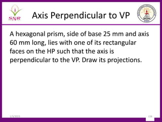 Axis Perpendicular to VP
A hexagonal prism, side of base 25 mm and axis
60 mm long, lies with one of its rectangular
faces on the HP such that the axis is
perpendicular to the VP. Draw its projections.
1/3/2023 156
 