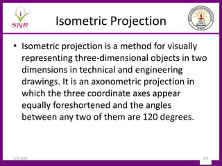 Isometric Projection
• Isometric projection is a method for visually
representing three-dimensional objects in two
dimensions in technical and engineering
drawings. It is an axonometric projection in
which the three coordinate axes appear
equally foreshortened and the angles
between any two of them are 120 degrees.
1/3/2023 171
 