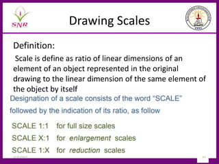 Drawing Scales
Definition:
Scale is define as ratio of linear dimensions of an
element of an object represented in the original
drawing to the linear dimension of the same element of
the object by itself
1/3/2023 22
 