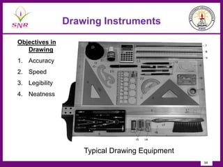 Drawing Instruments
Typical Drawing Equipment
Objectives in
Drawing
1. Accuracy
2. Speed
3. Legibility
4. Neatness
34
 