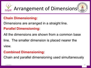 Arrangement of Dimensions
Chain Dimensioning:
Dimensions are arranged in a straight line.
Parallel Dimensioning:
All the dimensions are shown from a common base
line. The smaller dimension is placed nearer the
view.
Combined Dimensioning:
Chain and parallel dimensioning used simultaneously
1/3/2023 65
 