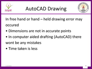 AutoCAD Drawing
1/3/2023 78
In free hand or hand – held drawing error may
occured
• Dimensions are not in accurate points
• In computer aided drafting (AutoCAD) there
wont be any mistakes
• Time taken is less
 