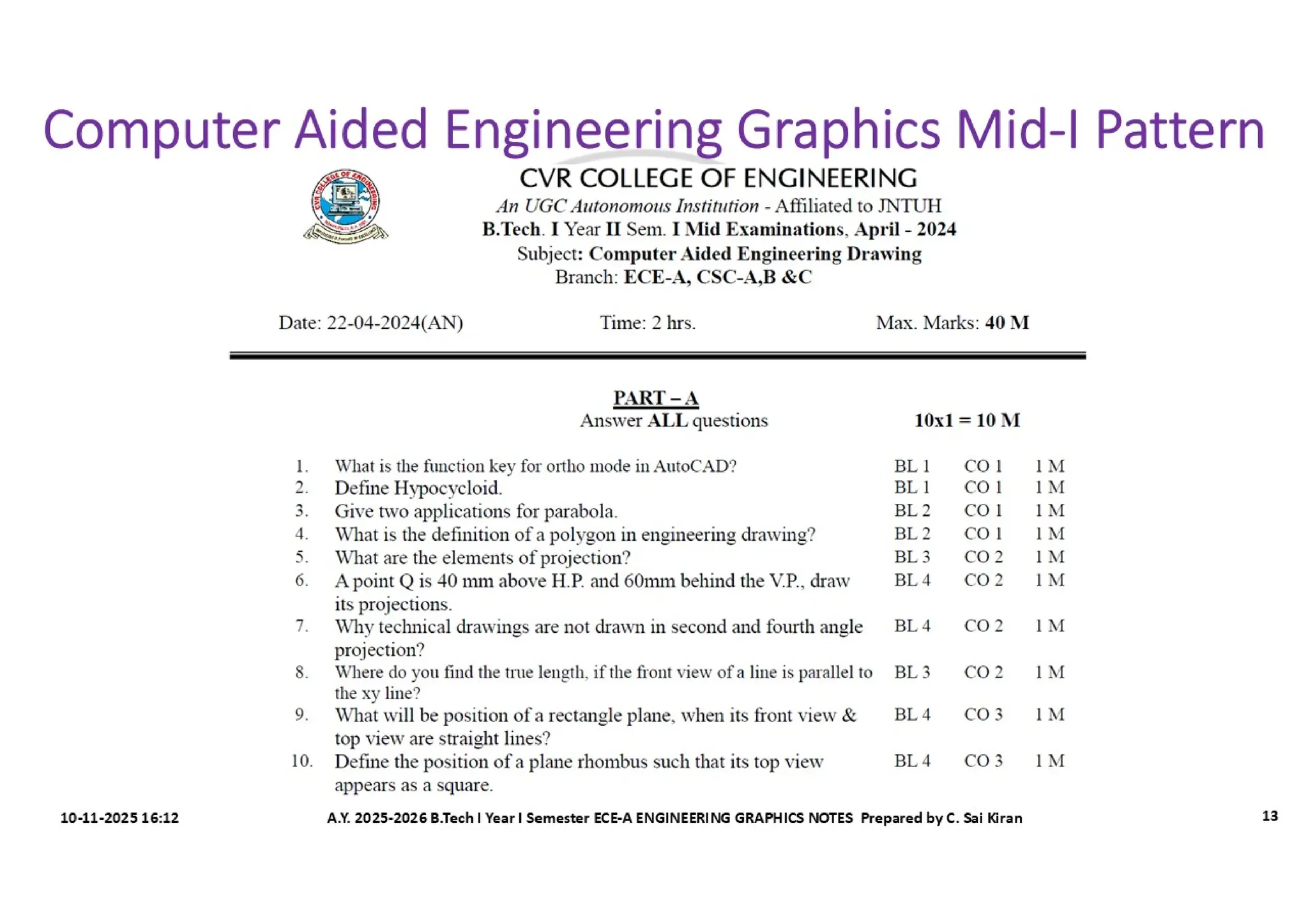 Computer Aided Engineering Graphics Notes till Mid-I Syllabus