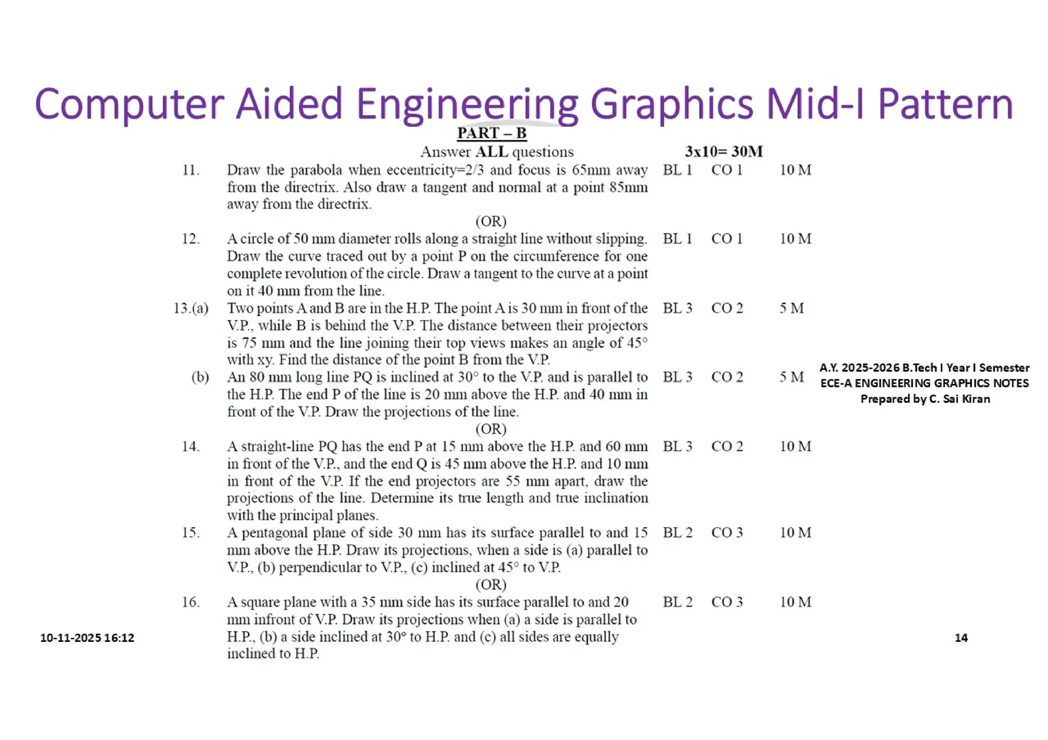 Computer Aided Engineering Graphics Notes till Mid-I Syllabus