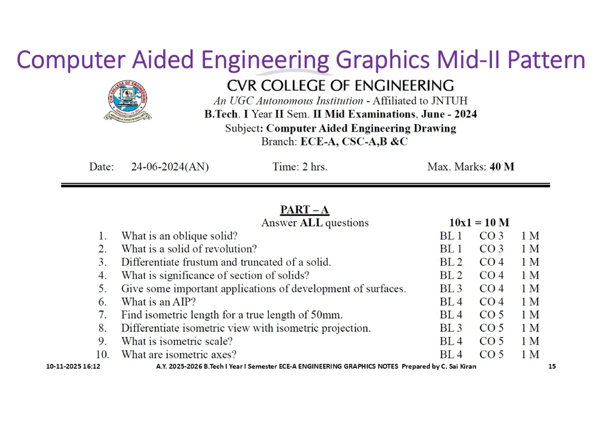 Computer Aided Engineering Graphics Notes till Mid-I Syllabus