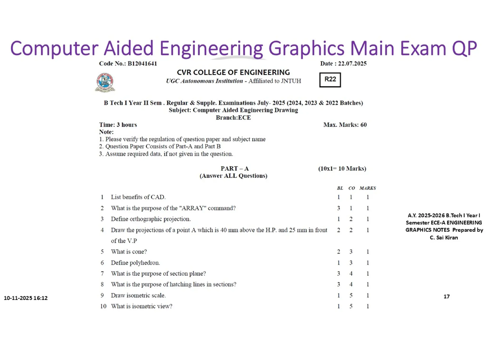 Computer Aided Engineering Graphics Notes till Mid-I Syllabus