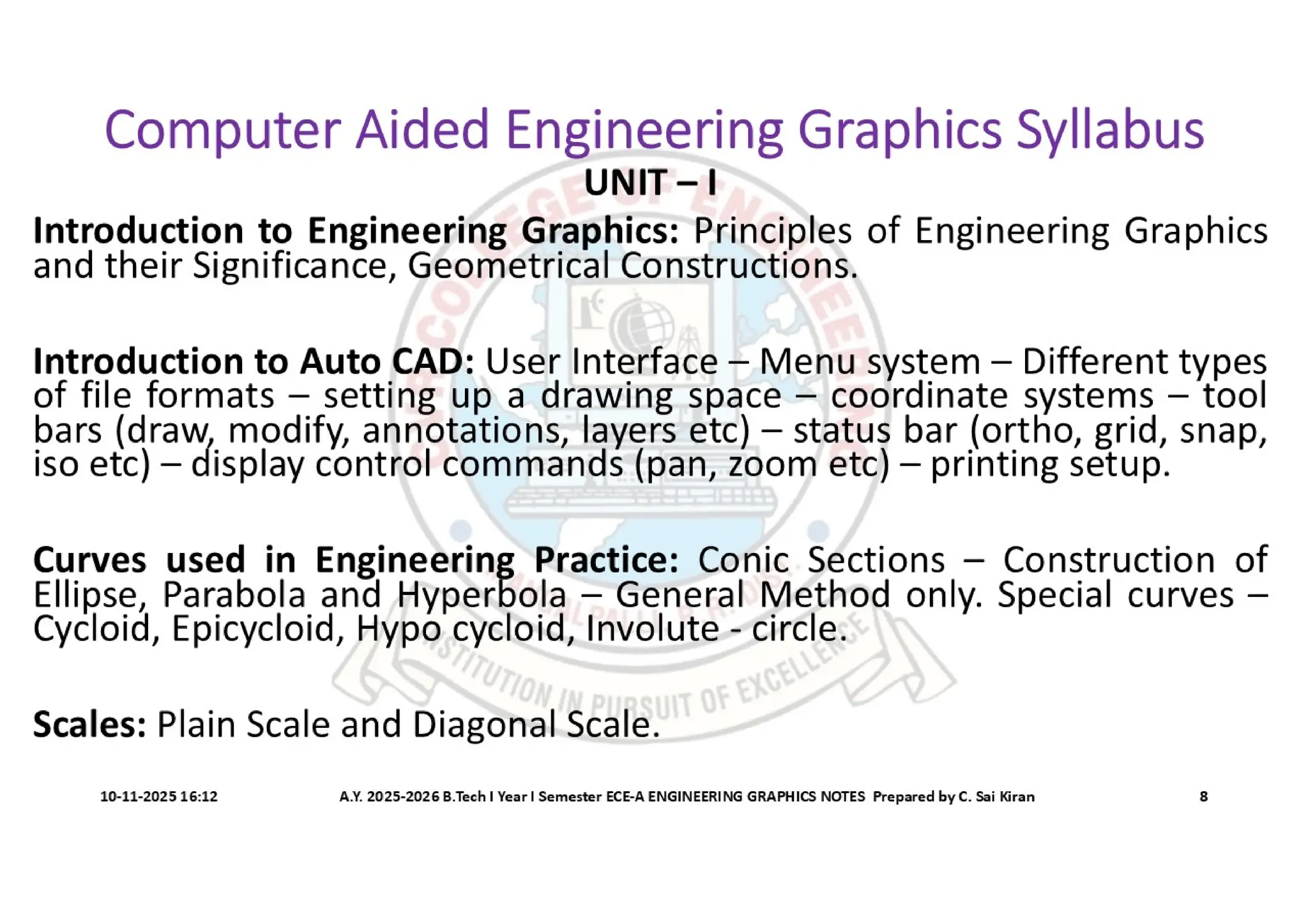 Computer Aided Engineering Graphics Notes till Mid-I Syllabus