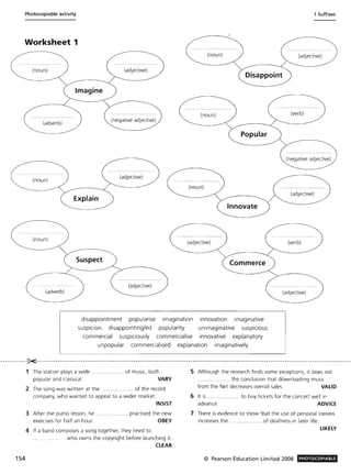 Photocopiable activity 1 Suffixes
Worksheet 1
(noun) (adjective)
(noun) (adjective)
Disappoint
Imagine
... ............... , ..
(noun) (verb)
(adverb)
(negative adjective)
Popular
(negative adjective)
................
(noun)
(adjective)
(noun) ... ..... .........
Explain
(adjective)
Innovate
(noun)
(adjective) (verb)
Suspect Commerce
(adjective)
(adverb) (adjective)
disappointment popularise imagination innovation imaginative
suspicion disappointing/ed popularity unimaginative suspicious
commercial suspiciously commercialise innovative explanatory
unpopular commercialised explanation imaginatively
.--- ---------~---------- - ----------------------- -- ---------------------------- - ---------------------------------------------- --- --- ---- ----------------_.
1 The station plays a wide ........ ......... of music, both
popular and classical. VARY
2 The song was written at the ..................... of the record
company, who wanted to appeal to a wider market.
INSIST
3 After the piano lesson, he ..... ............... practised the new
exercises for half an hour. OBEY
4 If a band composes a song together, they need to
.......... who owns the copyright before launching it.
CLEAR
154
5 Although the research finds some exceptions, it does not
............ the conclusion that downloading music
from the Net decreases overall sales. VALID
6 It is .................... to buy tickets for the concert well in
advance. ADVICE
7 There is evidence to show that the use of personal stereos
increases the ..................... of deafness in later life.
LIKELY
© Pearson Education Limited 2008 PHOTOCOPIABLE
 