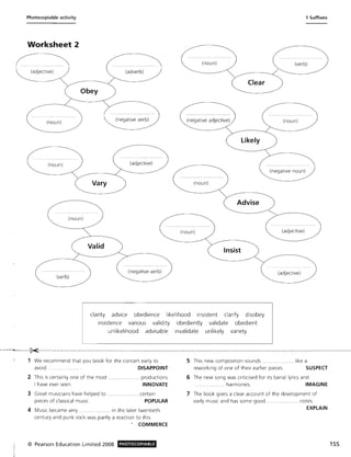 Photocopiable activity
Worksheet 2
(noun)
(adjective) (adverb)
Obey
(noun)
(noun)
(noun)
(verb)
(negative verb) (negative adjective)
likely
(adjective)
Vary (noun)
(noun)
Valid
Insist
(negative verb)
clarity advice obedience likelihood insistent clarify disobey
insistence various validity obediently validate obedient
unlikelihood advisable invalidate unlikely variety
1 Suffixes
(verb)
(noun)
(negative noun)
(adjective)
(adjective)
------......_-----~- -- -- --- - -- -- - - -- -- - -- -- - -- - - -- ---- -------- - -- -- - -- -- - -- - -- -- -- -- - -- -- - -- -- -- - -- - -- -- - - -- -- - - -- - -- -- - - -- - - -- - -- - -- - - --------- - --- -- -- -- -- -- --
1 We recommend that you book for the concert early to
avoid. DISAPPOINT
2 This is certainly one of the most
I have ever seen.
... productions
INNOVATE
3 Great musicians have helped to .... ............ ... certain
pieces of classical music. POPULAR
4 Music became very ......... in the later twentieth
century and punk rock was partly a reaction to this.
• COMMERCE
© Pearson Education Limited 2008 PHOTOCOPIABLE
5 This new composition sounds .................... like a
reworking of one of their earlier pieces. SUSPECT
6 The new song was criticised for its banal lyrics and
...... harmonies. IMAGINE
7 The book gives a clear account of the development of
early music and has some good. ...... notes.
EXPLAIN
155
 