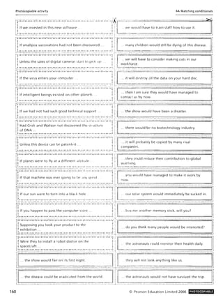 Photocopiable activity 4A Matching conditionals
:-:;;~~-.-.-.-.-.-.-.-;;;; ~ ~-.-.-.-.-.-.-.-""; ;;; ~-.......-•. •.; .... ~ ; . '. ; '0 ' . ';." .. ; ;; 0;,'_ • :'X~'r'- ..·_..~"~,,._:.==~.c~__,=,=_:· - -- - - - - - - - - - - - - - - - - - - - - - - - - - - - - - ---
:j:':f:~~.'.~~.~~~~~.:~:~~:~.~~~~~~t.~.~'.~....:::.:...:........::: .l.••weWOU'dh"'~tot,a;o.'t.affho~.tou,e;t ........
r!:'::~~~~:~~:::~~~:~~~~.~~~~~~:~:~;~:~~~:~,~;~~~:~~...::..:.:.~.!'[.~:~:.,h,'d,eo.~~~,~',~;:,~e'd~"~.~.0;':~',:'~::~~:~....-
1- ________________________ ___ _ •.• _ __ ____ •. __ _ .• _ ., _ •• _ •. __ ". _ •_ _ .• '.0 •• _ • _ _ . " _ "W _ . " _ _ _ _ .. .. . .. _ _ _ _ _ _ _ _ _ _ _ _ _ _ _ _ _ _ _ _ _ _ _ _ _ _ _ _ _ _ _ _ _ _ _ _ _ _ _ _ _ _ _ _ _ _ _ _ _ _ _,
:-:;;~ ~ -.-.-.-.-.-.-.-;;;;;~ ~ -.-.-.-.-,-,-,,;;;;;'.-.-.'.-.-.-....;..;;';'.-.-;.-.-...";";;.;.....-. r----'.:-.-~==..:"'~"~· --,:..::--------..-------------.--........-.....--' --:
j ~ If the virus enters your computer . ~ It wil l dpstroy all the data on your hard disc. '
:_ ~ ~ ~ ~ ~ ~ _. _e_"_"_eoe_ e_ : : ~ ~ ~ ~ ~ ~ _. _. _e_"_"0<1
0•0"0: : : ~ ~ ~ ~ ~ _"_e _e eo". eo eo : eo e, : ~ .. ." _e _. ," _.._eo",_ eo .. : . ~ : . ~ _ .••. __ _ _ __ .• _ ____ _____ ____________________________ • ____________,
i~;I:~~~::;;';::;;;;~:~;~-~'~'-::~::~~~-:~-.~~-~.~~~;~~:~:~:-"'.";";;~~-';-'r:-[.[:-- .:-;~'~~~-;- ~~ S-lJ~e-~~~~·~~~·I~·~~~~-~a~ag-e~ ~~···--·····1
, • . , contact us by now.
:_~~~~~~~_'::::_'-"_::~ ~~~ ~~_.:_.:_.-"_._._:~ ~: ~ .'_._._._.:_._._:::::.::~.'..'_':.:.:~.::: _~ ~ _~ .-.____:-:_..._____==_=_=_=_=..=_=_=._=_===_=_=_.=_=_.=_=_=..=.=.=._=_=_=_.=.=.=__=_=_=__d_.,
:-;;;~ -.-.-.-.-.-.-.-.-;;;;;~ '.-.-.',-.-.-.-;;;;;;;-.-.-.-.-.-.-;.-..;';~ ~ '.-.'.-.-.-.-.-.-'.-;;;;.-'.-.-.-:-t-------.-----------------.-.-----.--..-.----.------------.-..--.~
j ~ If we had not had such good technical support .' ~ ill .. the show would have been a disaster. j
:-~~~~~~.".":::::-:::~:~~~~.~:-'::-':-:' :.~ ~:-'-':-':-'.~.~.:.~. :: ~.:.".'-'.:: '.:-'.::~: I~-:--=:-.".,,--:.:-:.. ___:.-_~-----------_._. --_. _. _..--_. -_. __ ----__._.._._ ._._:
f~;~:~"~-~'i'::;:~~~~.~.~.:.~-;;..~~;t;::i-~~-~~'~-;;:j;~~~'~-;-;~'~~~J~~;;;;~-'r:.r-'.~..~..,:.~. -----I~-b----.-~--..--~--.;. -. -.- d -----...-. --.....:
i~ of DNA ... ~ il" t ere wou e no lotec no ogy In ustry.
:_ ~ : ~ ~ ~ ~ •• _. _ . _._._ •••_ ... ~ : : ~ ~ ~ ~ •••••• • • • '"_ '"_ '"_ ... : ~ ~ ~ ~ ~ _~ _0 _~ °__::: ~, '". .. : ... : ~ 40 _. . . . ._ . ~. , • • • '" '"_ ':. '" _ ~. __ __ • __ •• + _ , _ ~ ~ _ _ _ _ ___ _ _ _• _ _ _ _ • • _ _ _ _ _ _ _ _ • _ _ _ _ _ _ _ _ _ _ _ _ _ _ _ _ _ _ _ _ _ _ _ _ _ :
i~;~~;~.::.:.-:~~:;~:~~::-.~~~..:)'-:';;:::-~-:t'~:~;'-.'-'-;'-'--.'..-...-;.-;.-;.--.;-'-'-l :.~lrl'~=:C"~~~:~~;-~)-r-;~-~~;~-~~'C-~~-i~'~-~~-~~-~~-~;~~;-- -- -- •• -. -. "'j
:: :: companies. :
1 . . . . . . . . . . . . . . . . . . . . . . . . . . . . '" '" ......... '" . . . . . . . . . . . . . .. . . . . , .................. ' ..:::-====_-~ 1I. _________________ ___ _ _ _____ • __ •. ____ _ _ .. • _._ .. , • ~ + • • • • • _ ~ . _ _ • _L _ _ _ _ __ _ _'" __ _ ~ ._" _, _______ _ ____ _ ______________________________________1
i~;,:~:·~~·:~·~;~;:.:~~;~-:·:~~..,~;t;~~~-·~~·~-~-:;I~~;I~·~-.....-.• .-.-.-;;.-;;.-''-r :·[---=~~:~~·:~~ar-Sy~;~;~·~~-~~~-i-;~~~·i~-t-~~~-b~ su-:~~~-i~·-···'
I.. .. ,
I.. .. 1
, ................................................~ ............. .................. ' -~~---~ _______________ ___________ ___ _ __ _ __ _ ~ __ .. _ __ _______ _ ___ _ . . • _ __ ___ _ _ L _ __ _ _ __ ___ _ _ • ________ _ _ __ _____ _______ .______ __ _ __________ J
i~;I:~:-~·:-·~·::;;:~;::•.~.:~~.-:~;:.~~~~~)~'~:-r'-:::::;-.:.-.-.-.-.-...-;;;;~~-T:.r---:.~~~:-~~::~:r~o~-~:~~-~;~.~.~:~-:;i~-:"~;~I-~~~~----.---.--.... j
: : : 1 Il :
:.~ ~ ~ ~ ~ ~---_.._._..::---~ ~: ~ ~ ~ ~ --- -'"--_.:_.:."_.,,'"~ ~: ~ .~ -~ ~-..-....:-~-.-.':.. ~~........................ .. : "-: ~ ~-~~::-~..:.:::.::;.::~:::~ ~-~- .... - _.. _.. -_.... _.. - - - - - - - _.... -----_.. -_.. -- - _.. - -- - -- -- ----:
f~;~~~~-~:;-~~..~;~~~;~-~.~-~~~~; ~~.;~~~~~:~;:.~~:;~-.-....:..-;.-;;;.-;';;-'-f :-'1":'---c_- -.: ." =- .... -- ---. -. -co ' -. -. - - - - - - - - - - - - - - - - -.- - . - ••••••• ,
i.~~~~~~i~.i.:.~~_~._~:.::~:~~.".":::.':.:::~::~~.".":.'::_'_'.:.:: ~::~::::..':..' '.:: ~_lJb.__~:).~:~~J_thln~_~~~~_~~~~~~~_~~.~I_~_~e_~n:~~~~~~~_~....._,
;;;;-;~ -.-.-.-.-.-.-;;;;;-;~ -.-.-..-.-.-.-.-;;;;-;-;' .~ -.-.-.--.-.-.-..-;';;;-; .~ ;.-.-.-;-;'-~' •.- ~' ~ ~ -; .~ -.-.'.-; :..f!:o;~=:;~=':="=:- ':.--'---:.. ::-:--- .. -"":'-':" -.--.---..--..-..-----------..-..-----------..--~
:: Were they to install a robot doctor on the : : II . . :
:: f : : . t h~: astronauts could monitor their health daily. :
: :.:~~::.c.r.a..t.: ................................................. : : 1L_==7_. :, - - - - - - - - - - - - - - - - - - - - - - - - - - - - - - - - - - - - - - ~ - _ .. -" . - _ . - • • _ .. ~ .. - - . - - }- - - - ' + - - _ . .. . - , " • - - - .. .. - • • • - - - - - - - - - - - - - - - - . - - - - - - - - - - - - - - - - - - - - - - - - - ,
, m . th~','~~~ ~~U:d f:,;~: ,;, fcc't,~g:~ e<cc '~~~l. rthey~,"nnt 'o~;''~':th::~,:;~~: u u m U m n,
:-----------------------------------_.---_..:.:-.-:--:.::~.~:---------- -:~-::-:-.:-:=:=:---=----~ -~ -~ -:-:=:-:. .-: ------ --.------------- ----------- - -------------__I
[.......;~~.~:,'~:,~.:~U'd·~e·e;a~,:ate~f, 0::·thewm': J!!.[ ~~~~,;,on'u,,·~~.~:~.:~th,~~':~;v"e~th~';;:~ .....-
~--------------------------------------- ---------- -------- - -- ----~----.-------- -- - - - - . -- -- -------------------------------------~
160 © Pearson Education Limited 2008 PHOTOCOPIABlE
 