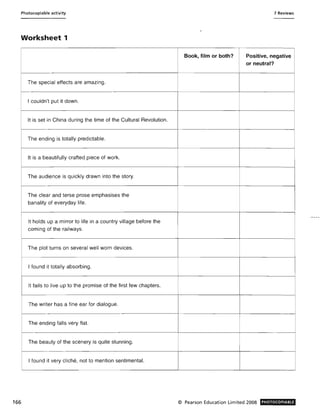 Photocopiable activity 7 Reviews
Worksheet 1
Book, film or both? Positive, negative
or neutral?
The special effects are amazing.
I couldn't put it down.
It is set in China during the time of the Cultural Revolution.
The ending is totally predictable.
It is a beautifully crafted piece of work.
The audience is quickly drawn into the story.
The clear and terse prose emphasises the
banality of everyday life.
It holds up a mirror to life in a country village before the
coming of the railways.
The plot turns on several well worn devices.
I found it totally absorbing.
It fails to live up to the promise of the first few chapters.
The writer has a fine ear for dialogue.
The ending falls very flat.
The beauty of the scenery is quite stunning.
I found it very cliche, not to mention sentimental.
166 © Pearson Education Limited 2008 PHOTOCOPIABLE
 