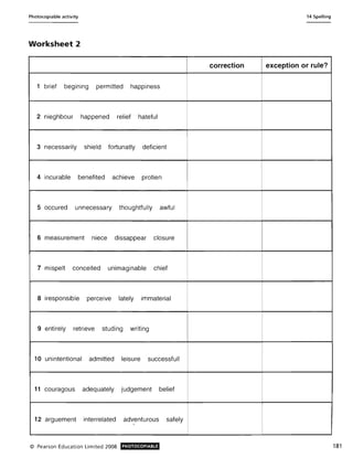 Photocopiable activity 14 Spelling
Worksheet 2
correction exception or rule?
1 brief begining permitted happiness
2 nieghbour happened relief hateful
3 necessarily shield fortunatly deficient
4 incurable benefited achieve protien
5 occured unnecessary thoughtfully awful
6 measurement niece dissappear closure
7 mispelt conceited unimaginable chief
8 iresponsible perceive lately immaterial
9 entirely retrieve studing writing
10 unintentional admitted leisure successfull
11 couragous adequately judgement belief
12 arguement interrelated adventurous safely
.
© Pearson Education Limited 2008 PHOTOCOPIABLE 181
 