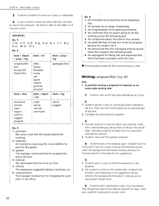 52
l":"i1T S What keeps us going
3 Students complete this exercise in pairs or individually.
4 In pairs students match the verbs and then use them
to rewrite the sentences. Tell them to refer to the table in 2 if
they are unsure.
ANSWERS
Ex. 1
1 b)
9 a)
2 f)
10 h)
3 d) 4 g)
11 k
S e)
Ex. 2
Verb + object Verb + inf
+ prep + ing
congratulate offer
(on) refuse
accuse (of) threaten
thank (for) invite
ask
agree
intend
promise
propose
Verb + that Verb + object
+ inf
announce order
remark advise
claim remind
explain command
confirm
suggest
propose
Ex. 3
1 promised
6 c) 7 i) S j)
Verb + prep +
ing
apologise (for)
Verb + ing
admit
suggest
She announced that she would attend the
meeting.
2 expected
He insisted on receiving the invoice before he
paid for the goods.
3 agreed
The manager confirmed that he accepted the
policy decision.
4 ordered
She demanded that he arrive on time.
S offered
The employees suggested taking a small pay cut.
6 congratulated
The manager thanked me for changing the work
ethic in the office.
Ex.4
1 He reminded me to send the email today/that
day.
2 He advised me to resign immediately.
3 He congratulated me on getting promoted.
4 He confirmed that he wasn't going to do the
training course the following year.
S He complained about the food in the canteen.
6 He asked Michael to help him write his proposal
because he couldn't do it.
7 He announced that the managing director would
leave the company the following week.
S He apologised for being late and explained that
there had been a problem with the train.
~ Photocopiable activity 8A Risk transformations p.168
Writing: proposal (Part 1) p.1 01
Aim:
• to practise writing a proposal in response to an
exam-style writing task
1 Students look at the two plans and decide as a class.
2
1 Students decide in pairs or individually which statements
are true. Point out that linking words are an essential part
of any text.
2 Complete the two sentences together.
3
1 First ask students to read the whole task carefully. Check
their understanding by asking them to tell you the overall
topic, and what could be included from the comments
and Internet research.
2 Students now read the example proposal.
4 Students look at the proposal again. Establish that the
information from the survey is factual and therefore comes
under the background information heading whereas the
Internet research is the basis for the suggestions.
5
1 Students work in pairs to find the expressions in the
proposal.
2 Ask students to look for the modal verbs. Establish that
should is used frequently in the suggestions section
whereas the background information is factual and so
uses present simple tense.
6 Students work individually to add a final key feature.
They should look back at the Internet research for ideas. Then
pairs read their bullet points to each other.
 