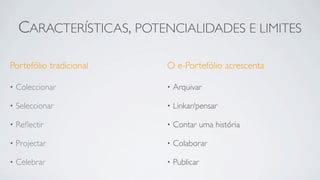 CARACTERÍSTICAS, POTENCIALIDADES E LIMITES

Portefólio tradicional    O e-Portefólio acrescenta

•   Coleccionar           •   Arquivar

•   Seleccionar           •   Linkar/pensar

•   Reﬂectir              •   Contar uma história

•   Projectar             •   Colaborar

•   Celebrar              •   Publicar
 