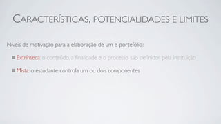 CARACTERÍSTICAS, POTENCIALIDADES E LIMITES

Níveis de motivação para a elaboração de um e-portefólio:

    Extrínseca: o conteúdo, a ﬁnalidade e o processo são deﬁnidos pela instituição

    Mista: o estudante controla um ou dois componentes
 