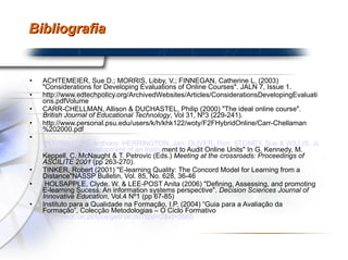 Bibliografia ACHTEMEIER, Sue D.; MORRIS, Libby, V.; FINNEGAN, Catherine L. (2003) "Considerations for Developing Evaluations of Online Courses". JALN 7, Issue 1.  http://www.edtechpolicy.org/ArchivedWebsites/Articles/ConsiderationsDevelopingEvaluations.pdfVolume  CARR-CHELLMAN, Allison & DUCHASTEL, Philip (2000) "The ideal online course".  British Journal of Educational Technology , Vol 31, Nº3 (229-241). http://www.personal.psu.edu/users/k/h/khk122/woty/F2FHybridOnline/Carr-Chellaman%202000.pdf   HERRINGTON, Anthony; HERRINGTON, Jan; OLIVER, Ron; STONEY, Sue & WILLIS, Jackie (2001) "Quality Guidelines for online  Courses:The  Development of an  Instru ment to Audit Online Units" In G. Kennedy, M. Keppell, C. McNaught & T. Petrovic (Eds.)  Meeting at the crossroads: Proceedings of ASCILITE 2001  (pp 263-270). TINKER, Robert (2001) "E-learning Quality: The Concord Model for Learning from a Distance"NASSP Bulletin, Vol. 85, No. 628, 36-46   HOLSAPPLE, Clyde. W. & LEE-POST Anita (2006) "Defining, Assessing, and promoting E-learning Sucess: An information systems perspective".  Decision Sciences Journal of Innovative Education,  Vol.4 Nº1 (pp 67-85) Instituto para a Qualidade na Formação, I.P. (2004) “Guia para a Avaliação da Formação”, Colecção Metodologias – O Ciclo Formativo  https://woc.uc.pt/fpce/getFile.do?tipo=2&id=5665   