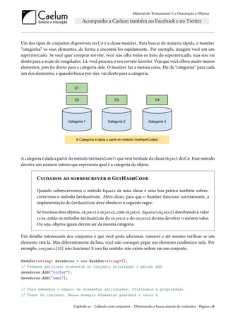 Material do Treinamento C e Orientação a Objetos
Um dos tipos de conjuntos disponíveis no C# é a classe HashSet. Para buscar de maneira rápida, o HashSet
“categoriza” os seus elementos, de forma a encontrá-los rapidamente. Por exemplo, imagine você em um
supermercado. Se você quer comprar sorvete, você não olha todos os itens do supermercado, mas sim vai
direto para a seção de congelados. Lá, você procura o seu sorvete favorito. Veja que você olhou muito menos
elementos, pois foi direto para a categoria dele. O HashSet faz a mesma coisa. Ele dá “categorias” para cada
um dos elementos, e quando busca por eles, vai direto para a categoria.
A categoria é dada a partir do método GetHashCode() que vem herdado da classe Object do C#. Esse método
devolve um número inteiro que representa qual é a categoria do objeto.
Cuidados ao sobrescrever o GetHashCode
Quando sobrescrevemos o método Equals de uma classe é uma boa prática também sobres-
crevermos o método GetHashCode. Além disso, para que o HashSet funcione corretamente, a
implementação do GetHashCode deve obedecer à seguinte regra:
Se tivermos dois objetos, objeto1 e objeto2, com objeto1.Equals(objeto2) devolvendo o valor
true, então os métodos GetHashCode do objeto1 e do objeto2 devem devolver o mesmo valor.
Ou seja, objetos iguais devem ser da mesma categoria.
Um detalhe interessante dos conjuntos é que você pode adicionar, remover e até mesmo verificar se um
elemento está lá. Mas diferentemente da lista, você não consegue pegar um elemento randômico nela. Por
exemplo, conjunto[10] não funciona! E isso faz sentido: não existe ordem em um conjunto.
HashSet<string> devedores = new HashSet<string>();
// Podemos adicionar elementos no conjunto utilizando o método Add
devedores.Add("victor");
devedores.Add("osni");
// Para sabermos o número de elementos adicionados, utilizamos a propriedade
// Count do conjunto. Nesse exemplo elementos guardará o valor 2
Capítulo 20 - Lidando com conjuntos - Otimizando a busca através de conjuntos - Página 158
 