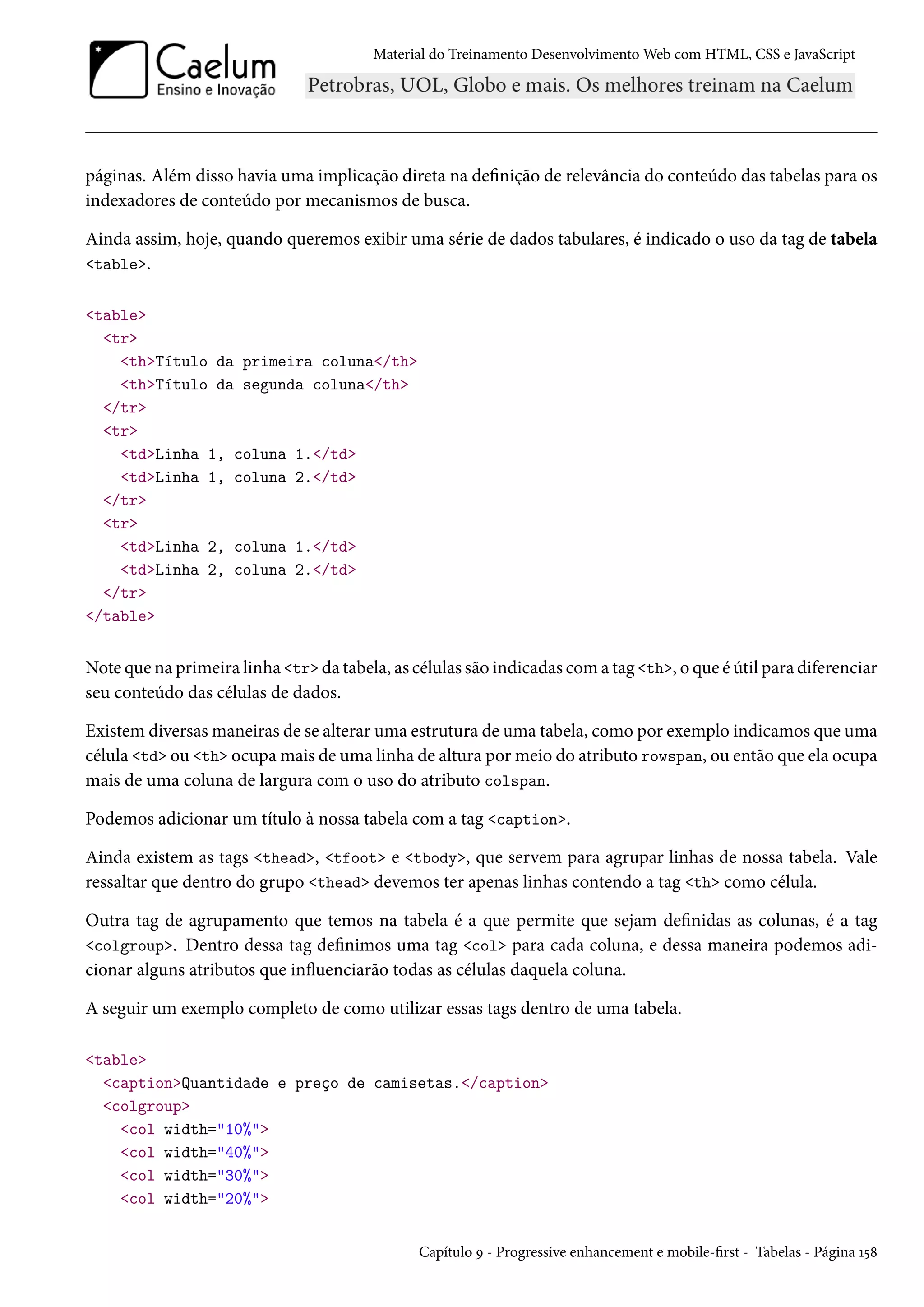 Material do Treinamento DesenvolvimentoWeb com HTML, CSS e JavaScript páginas. Além disso havia uma implicação direta na denição de relevância do conteúdo das tabelas para os indexadores de conteúdo por mecanismos de busca. Ainda assim, hoje, quando queremos exibir uma série de dados tabulares, é indicado o uso da tag de tabela table. table tr thTítulo da primeira coluna/th thTítulo da segunda coluna/th /tr tr tdLinha 1, coluna 1./td tdLinha 1, coluna 2./td /tr tr tdLinha 2, coluna 1./td tdLinha 2, coluna 2./td /tr /table Note que na primeira linha tr da tabela, as células são indicadas coma tag th, o que é útil para diferenciar seu conteúdo das células de dados. Existem diversasmaneiras de se alterar uma estrutura de uma tabela, como por exemplo indicamos que uma célula td ou th ocupamais de uma linha de altura pormeio do atributo rowspan, ou então que ela ocupa mais de uma coluna de largura com o uso do atributo colspan. Podemos adicionar um título à nossa tabela com a tag caption. Ainda existem as tags thead, tfoot e tbody, que servem para agrupar linhas de nossa tabela. Vale ressaltar que dentro do grupo thead devemos ter apenas linhas contendo a tag th como célula. Outra tag de agrupamento que temos na tabela é a que permite que sejam denidas as colunas, é a tag colgroup. Dentro dessa tag denimos uma tag col para cada coluna, e dessa maneira podemos adi-cionar alguns atributos que inžuenciarão todas as células daquela coluna. A seguir um exemplo completo de como utilizar essas tags dentro de uma tabela. table captionQuantidade e preço de camisetas./caption colgroup col width=10% col width=40% col width=30% col width=20% Capítulo É - Progressive enhancement e mobile-rst - Tabelas - Página Õ¢˜ 