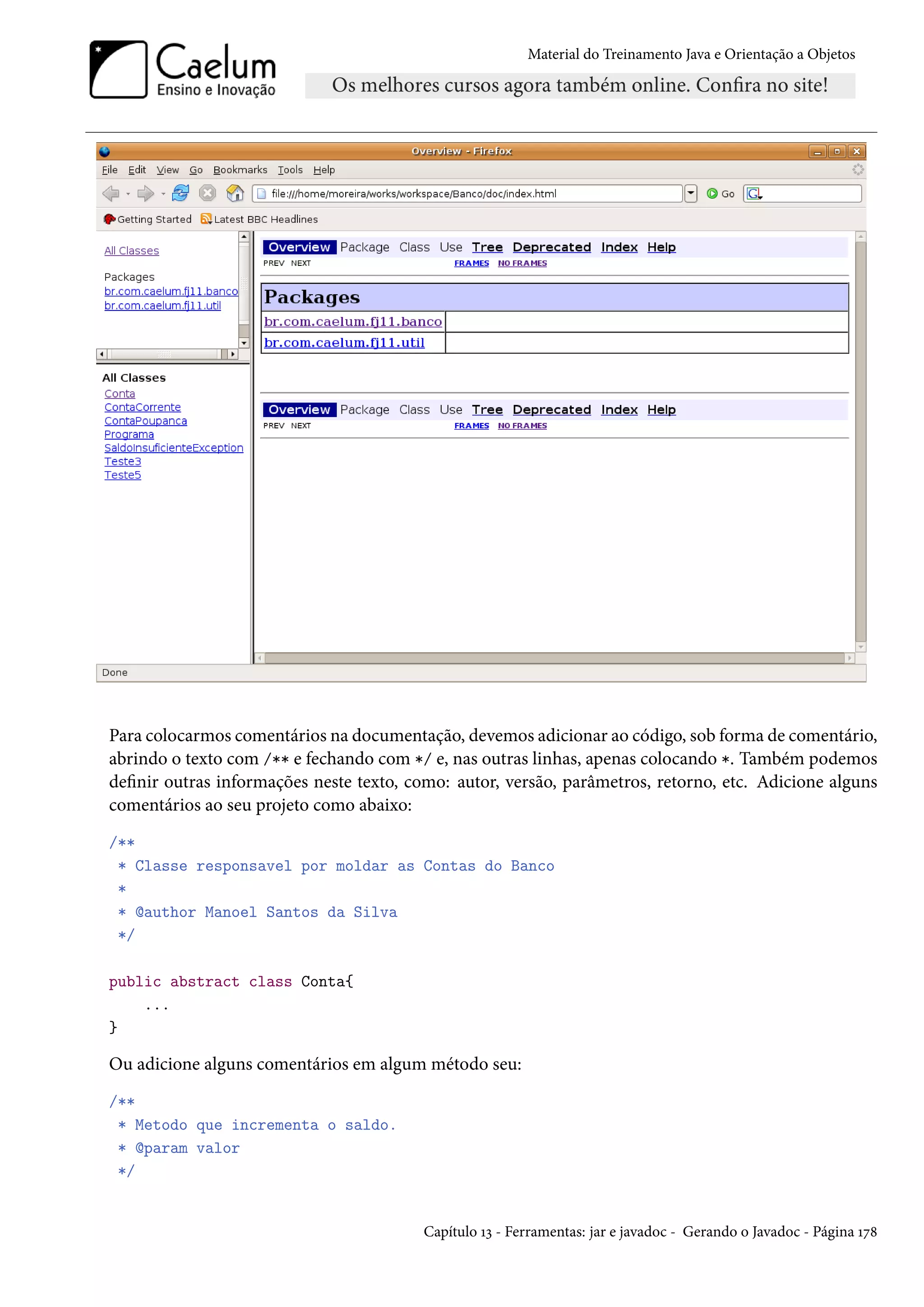 Material do Treinamento Java e Orientação a Objetos




Para colocarmos comentários na documentação, devemos adicionar ao código, sob forma de comentário,
abrindo o texto com /** e fechando com */ e, nas outras linhas, apenas colocando *. Também podemos
definir outras informações neste texto, como: autor, versão, parâmetros, retorno, etc. Adicione alguns
comentários ao seu projeto como abaixo:
/**
 * Classe responsavel por moldar as Contas do Banco
 *
 * @author Manoel Santos da Silva
 */

public abstract class Conta{
    ...
}

Ou adicione alguns comentários em algum método seu:
/**
 * Metodo que incrementa o saldo.
 * @param valor
 */


                                         Capítulo 13 - Ferramentas: jar e javadoc - Gerando o Javadoc - Página 178
 