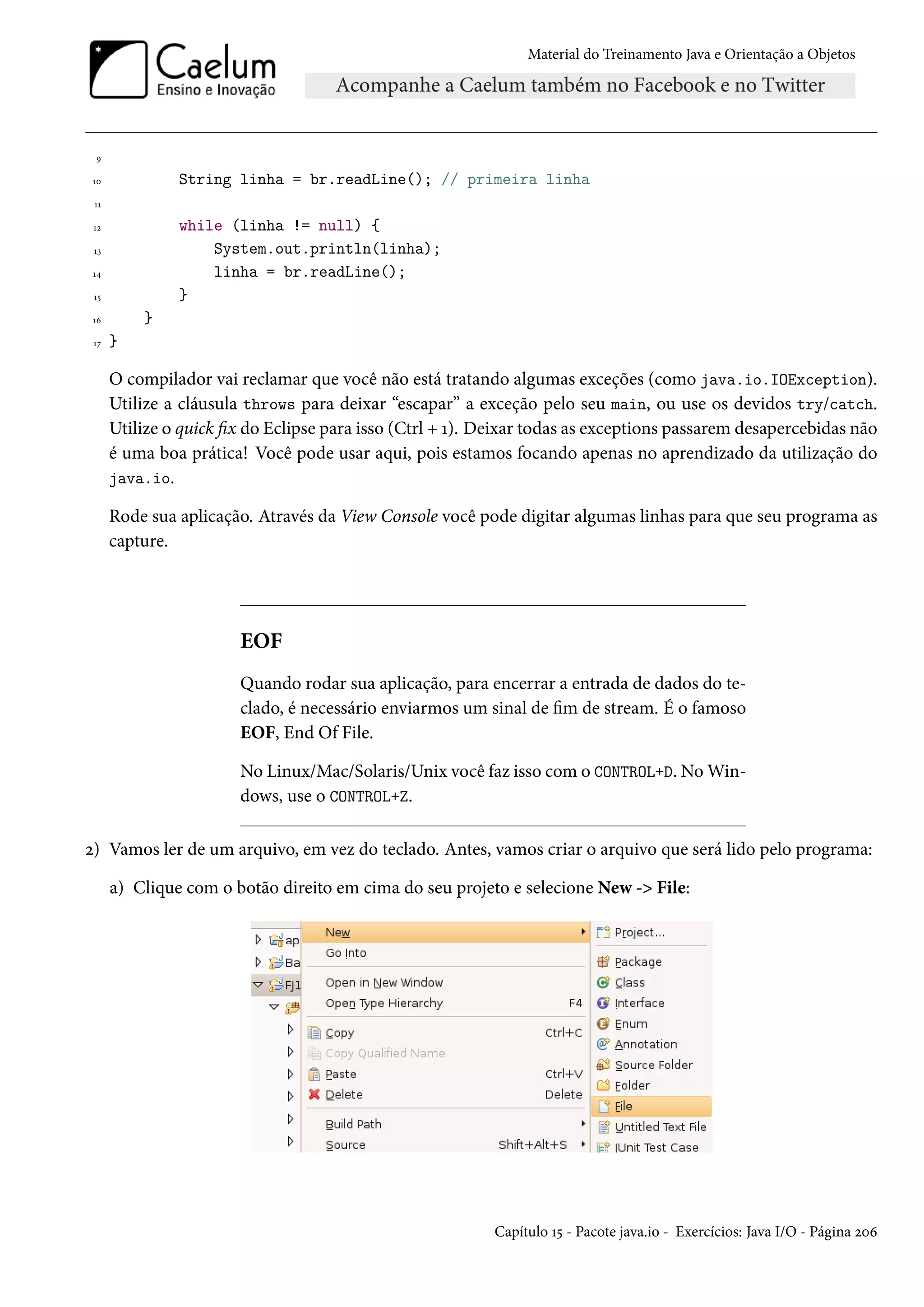 Material do Treinamento Java e Orientação a Objetos




 9

10             String linha = br.readLine(); // primeira linha
 11

 12            while (linha != null) {
 13                System.out.println(linha);
 14                linha = br.readLine();
 15            }
 16       }
 17   }

      O compilador vai reclamar que você não está tratando algumas exceções (como java.io.IOException).
      Utilize a cláusula throws para deixar “escapar” a exceção pelo seu main, ou use os devidos try/catch.
      Utilize o quick fix do Eclipse para isso (Ctrl + 1). Deixar todas as exceptions passarem desapercebidas não
      é uma boa prática! Você pode usar aqui, pois estamos focando apenas no aprendizado da utilização do
      java.io.

      Rode sua aplicação. Através da View Console você pode digitar algumas linhas para que seu programa as
      capture.




                        EOF
                        Quando rodar sua aplicação, para encerrar a entrada de dados do te-
                        clado, é necessário enviarmos um sinal de fim de stream. É o famoso
                        EOF, End Of File.

                        No Linux/Mac/Solaris/Unix você faz isso com o CONTROL+D. No Win-
                        dows, use o CONTROL+Z.

2) Vamos ler de um arquivo, em vez do teclado. Antes, vamos criar o arquivo que será lido pelo programa:

      a) Clique com o botão direito em cima do seu projeto e selecione New -> File:




                                                           Capítulo 15 - Pacote java.io - Exercícios: Java I/O - Página 206
 