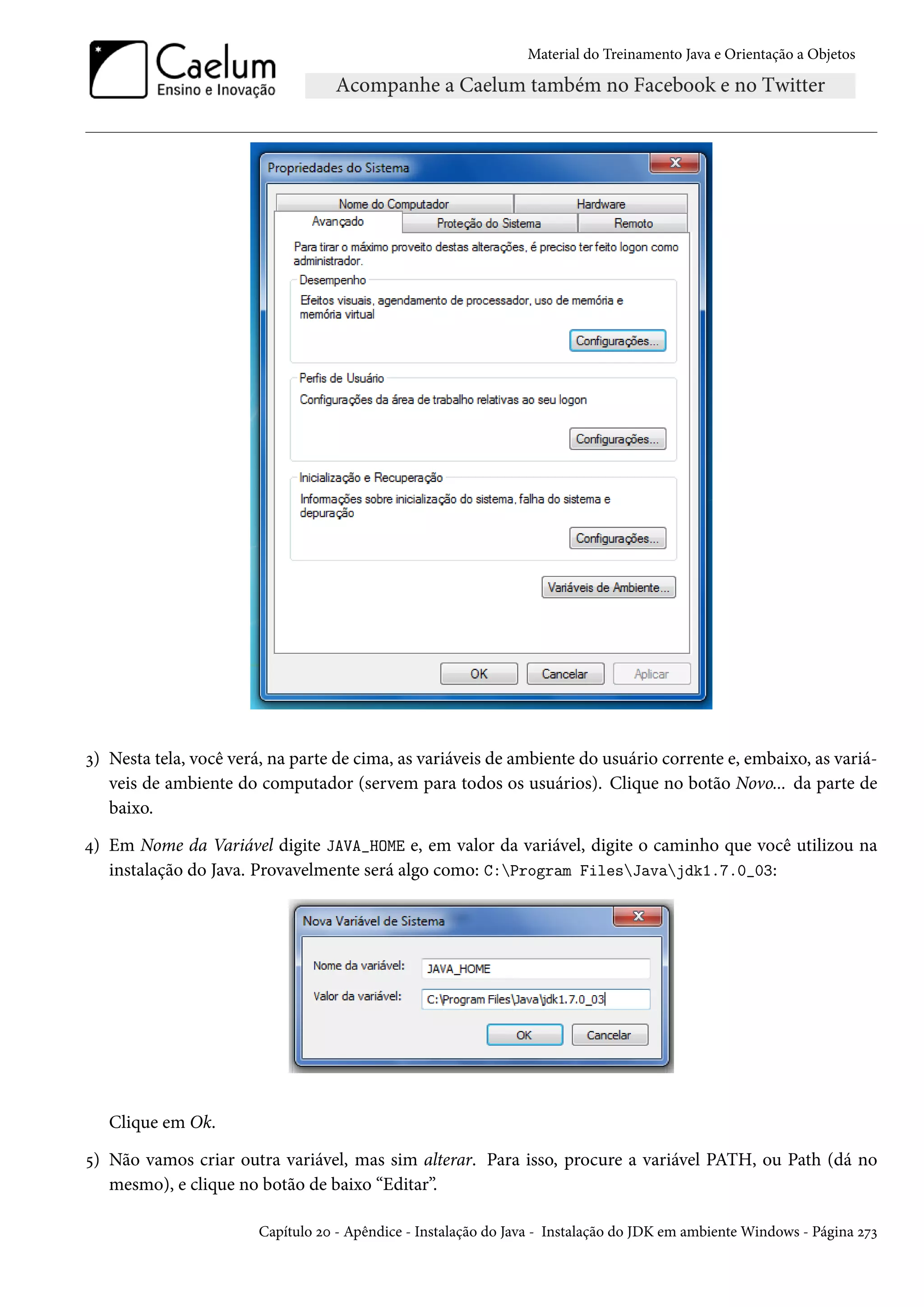 Material do Treinamento Java e Orientação a Objetos




3) Nesta tela, você verá, na parte de cima, as variáveis de ambiente do usuário corrente e, embaixo, as variá-
   veis de ambiente do computador (servem para todos os usuários). Clique no botão Novo... da parte de
   baixo.

4) Em Nome da Variável digite JAVA_HOME e, em valor da variável, digite o caminho que você utilizou na
   instalação do Java. Provavelmente será algo como: C:Program FilesJavajdk1.7.0_03:




   Clique em Ok.

5) Não vamos criar outra variável, mas sim alterar. Para isso, procure a variável PATH, ou Path (dá no
   mesmo), e clique no botão de baixo “Editar”.

                        Capítulo 20 - Apêndice - Instalação do Java - Instalação do JDK em ambiente Windows - Página 273
 