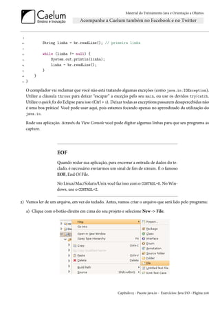 Material do Treinamento Java e Orientação a Objetos




 9

10             String linha = br.readLine(); // primeira linha
 11

 12            while (linha != null) {
 13                System.out.println(linha);
 14                linha = br.readLine();
 15            }
 16       }
 17   }

      O compilador vai reclamar que você não está tratando algumas exceções (como java.io.IOException).
      Utilize a cláusula throws para deixar “escapar” a exceção pelo seu main, ou use os devidos try/catch.
      Utilize o quick fix do Eclipse para isso (Ctrl + 1). Deixar todas as exceptions passarem desapercebidas não
      é uma boa prática! Você pode usar aqui, pois estamos focando apenas no aprendizado da utilização do
      java.io.

      Rode sua aplicação. Através da View Console você pode digitar algumas linhas para que seu programa as
      capture.




                        EOF
                        Quando rodar sua aplicação, para encerrar a entrada de dados do te-
                        clado, é necessário enviarmos um sinal de fim de stream. É o famoso
                        EOF, End Of File.

                        No Linux/Mac/Solaris/Unix você faz isso com o CONTROL+D. No Win-
                        dows, use o CONTROL+Z.

2) Vamos ler de um arquivo, em vez do teclado. Antes, vamos criar o arquivo que será lido pelo programa:

      a) Clique com o botão direito em cima do seu projeto e selecione New -> File:




                                                           Capítulo 15 - Pacote java.io - Exercícios: Java I/O - Página 206
 
