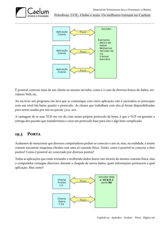 Material do Treinamento Java e Orientação a Objetos




É possível conectar mais de um cliente ao mesmo servidor, como é o caso de diversos banco de dados, ser-
vidores Web, etc.

Ao escrever um programa em Java que se comunique com outra aplicação, não é necessário se preocupar
com um nível tão baixo quanto o protocolo. As classes que trabalham com eles já foram disponibilizadas
para serem usadas por nós no pacote java.net.

A vantagem de se usar TCP, em vez de criar nosso próprio protocolo de bytes, é que o TCP vai garantir a
entrega dos pacotes que transferirmos e criar um protocolo base para isto é algo bem complicado.



19.3     Porta
Acabamos de mencionar que diversos computadores podem se conectar a um só, mas, na realidade, é muito
comum encontrar máquinas clientes com uma só conexão física. Então, como é possível se conectar a dois
pontos? Como é possível ser conectado por diversos pontos?

Todas as aplicações que estão enviando e recebendo dados fazem isso através da mesma conexão física, mas
o computador consegue discernir, durante a chegada de novos dados, quais informações pertencem a qual
aplicação. Mas como?




                                                             Capítulo 19 - Apêndice - Sockets - Porta - Página 256
 