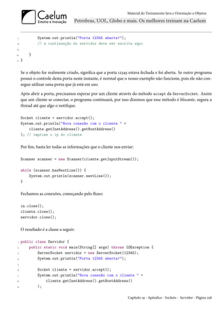 Material do Treinamento Java e Orientação a Objetos




 7            System.out.println("Porta 12345 aberta!");
8             // a continuação do servidor deve ser escrita aqui
9

10       }
11   }


     Se o objeto for realmente criado, significa que a porta 12345 estava fechada e foi aberta. Se outro programa
     possui o controle desta porta neste instante, é normal que o nosso exemplo não funcione, pois ele não con-
     segue utilizar uma porta que já está em uso.

     Após abrir a porta, precisamos esperar por um cliente através do método accept da ServerSocket. Assim
     que um cliente se conectar, o programa continuará, por isso dizemos que esse método é blocante, segura a
     thread até que algo o notifique.

     Socket cliente = servidor.accept();
     System.out.println("Nova conexão com o cliente " +
         cliente.getInetAddress().getHostAddress()
     ); // imprime o ip do cliente


     Por fim, basta ler todas as informações que o cliente nos enviar:

     Scanner scanner = new Scanner(cliente.getInputStream());

     while (scanner.hasNextLine()) {
         System.out.println(scanner.nextLine());
     }


     Fechamos as conexões, começando pelo fluxo:

     in.close();
     cliente.close();
     servidor.close();


     O resultado é a classe a seguir:

 1   public class Servidor {
 2       public static void main(String[] args) throws IOException {
 3           ServerSocket servidor = new ServerSocket(12345);
4            System.out.println("Porta 12345 aberta!");
 5

6             Socket cliente = servidor.accept();
 7            System.out.println("Nova conexão com o cliente " +
8                 cliente.getInetAddress().getHostAddress()
9             );

                                                                  Capítulo 19 - Apêndice - Sockets - Servidor - Página 258
 