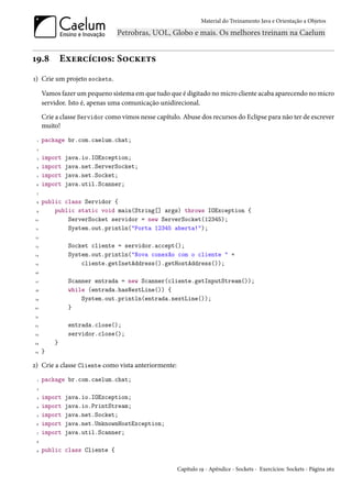 Material do Treinamento Java e Orientação a Objetos




19.8          Exercícios: Sockets
1) Crie um projeto sockets.

      Vamos fazer um pequeno sistema em que tudo que é digitado no micro cliente acaba aparecendo no micro
      servidor. Isto é, apenas uma comunicação unidirecional.
      Crie a classe Servidor como vimos nesse capítulo. Abuse dos recursos do Eclipse para não ter de escrever
      muito!
  1   package br.com.caelum.chat;
 2

  3   import   java.io.IOException;
 4    import   java.net.ServerSocket;
  5   import   java.net.Socket;
 6    import   java.util.Scanner;
  7

 8    public class Servidor {
 9        public static void main(String[] args) throws IOException {
10            ServerSocket servidor = new ServerSocket(12345);
 11           System.out.println("Porta 12345 aberta!");
 12

 13             Socket cliente = servidor.accept();
 14             System.out.println("Nova conexão com o cliente " +
 15                 cliente.getInetAddress().getHostAddress());
 16

 17             Scanner entrada = new Scanner(cliente.getInputStream());
 18             while (entrada.hasNextLine()) {
 19                 System.out.println(entrada.nextLine());
20              }
 21

22              entrada.close();
 23             servidor.close();
24        }
 25   }

2) Crie a classe Cliente como vista anteriormente:
  1   package br.com.caelum.chat;
 2

  3   import   java.io.IOException;
 4    import   java.io.PrintStream;
  5   import   java.net.Socket;
 6    import   java.net.UnknownHostException;
  7   import   java.util.Scanner;
 8

 9    public class Cliente {

                                                      Capítulo 19 - Apêndice - Sockets - Exercícios: Sockets - Página 262
 