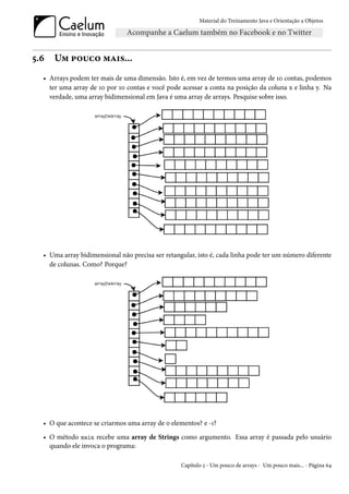 Material do Treinamento Java e Orientação a Objetos




5.6   Um pouco mais...
  • Arrays podem ter mais de uma dimensão. Isto é, em vez de termos uma array de 10 contas, podemos
    ter uma array de 10 por 10 contas e você pode acessar a conta na posição da coluna x e linha y. Na
    verdade, uma array bidimensional em Java é uma array de arrays. Pesquise sobre isso.




  • Uma array bidimensional não precisa ser retangular, isto é, cada linha pode ter um número diferente
    de colunas. Como? Porque?




  • O que acontece se criarmos uma array de 0 elementos? e -1?
  • O método main recebe uma array de Strings como argumento. Essa array é passada pelo usuário
    quando ele invoca o programa:

                                                  Capítulo 5 - Um pouco de arrays - Um pouco mais... - Página 64
 