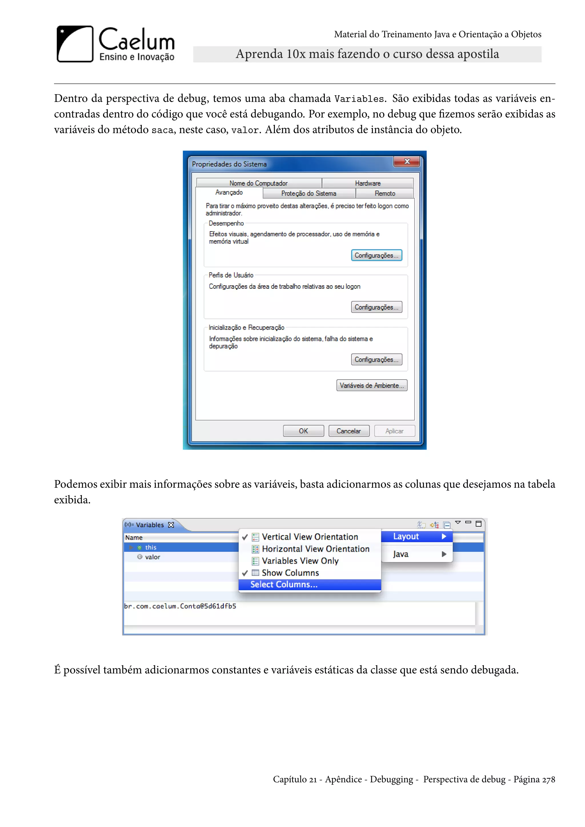 Material do Treinamento Java e Orientação a Objetos




Dentro da perspectiva de debug, temos uma aba chamada Variables. São exibidas todas as variáveis en-
contradas dentro do código que você está debugando. Por exemplo, no debug que fizemos serão exibidas as
variáveis do método saca, neste caso, valor. Além dos atributos de instância do objeto.




Podemos exibir mais informações sobre as variáveis, basta adicionarmos as colunas que desejamos na tabela
exibida.




É possível também adicionarmos constantes e variáveis estáticas da classe que está sendo debugada.




                                              Capítulo 21 - Apêndice - Debugging - Perspectiva de debug - Página 278
 