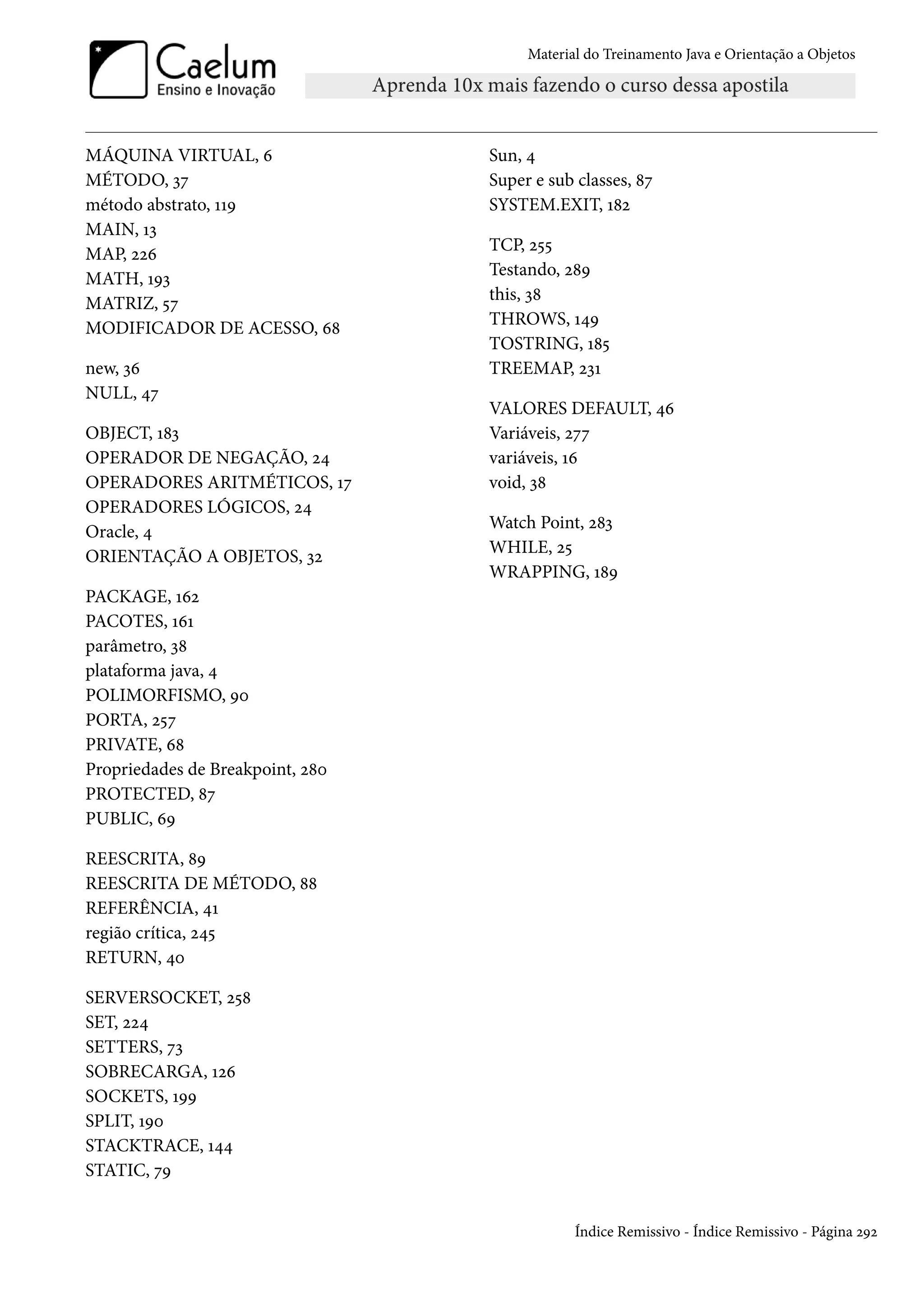 Material do Treinamento Java e Orientação a Objetos




MÁQUINA VIRTUAL, 6                Sun, 4
MÉTODO, 37                        Super e sub classes, 87
método abstrato, 119              SYSTEM.EXIT, 182
MAIN, 13
MAP, 226                          TCP, 255
MATH, 193                         Testando, 289
MATRIZ, 57                        this, 38
MODIFICADOR DE ACESSO, 68         THROWS, 149
                                  TOSTRING, 185
new, 36                           TREEMAP, 231
NULL, 47
                                  VALORES DEFAULT, 46
OBJECT, 183                       Variáveis, 277
OPERADOR DE NEGAÇÃO, 24           variáveis, 16
OPERADORES ARITMÉTICOS, 17        void, 38
OPERADORES LÓGICOS, 24
Oracle, 4                         Watch Point, 283
ORIENTAÇÃO A OBJETOS, 32          WHILE, 25
                                  WRAPPING, 189
PACKAGE, 162
PACOTES, 161
parâmetro, 38
plataforma java, 4
POLIMORFISMO, 90
PORTA, 257
PRIVATE, 68
Propriedades de Breakpoint, 280
PROTECTED, 87
PUBLIC, 69

REESCRITA, 89
REESCRITA DE MÉTODO, 88
REFERÊNCIA, 41
região crítica, 245
RETURN, 40

SERVERSOCKET, 258
SET, 224
SETTERS, 73
SOBRECARGA, 126
SOCKETS, 199
SPLIT, 190
STACKTRACE, 144
STATIC, 79


                                              Índice Remissivo - Índice Remissivo - Página 292
 