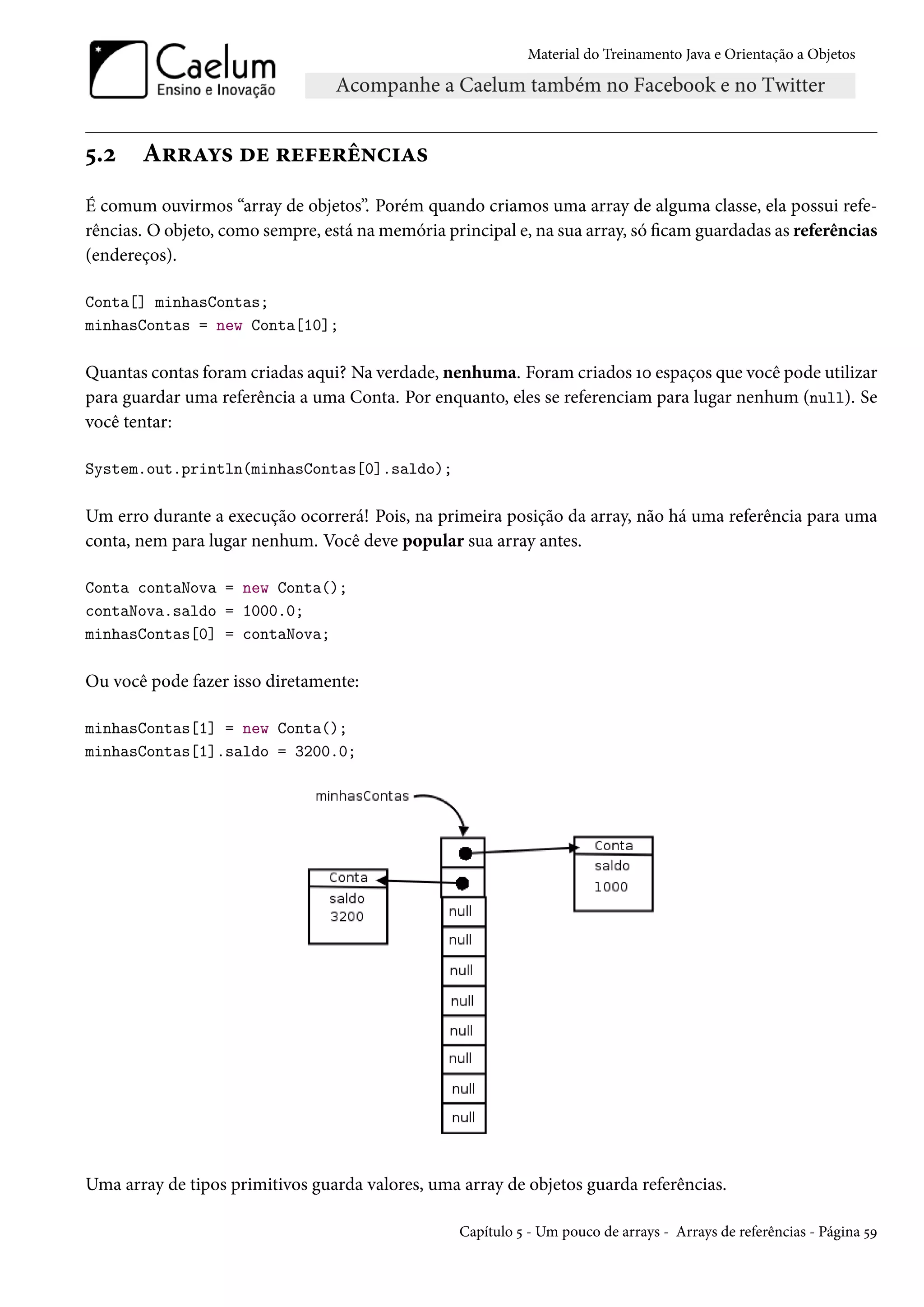 Material do Treinamento Java e Orientação a Objetos




5.2    Arrays de referências
É comum ouvirmos “array de objetos”. Porém quando criamos uma array de alguma classe, ela possui refe-
rências. O objeto, como sempre, está na memória principal e, na sua array, só ficam guardadas as referências
(endereços).

Conta[] minhasContas;
minhasContas = new Conta[10];

Quantas contas foram criadas aqui? Na verdade, nenhuma. Foram criados 10 espaços que você pode utilizar
para guardar uma referência a uma Conta. Por enquanto, eles se referenciam para lugar nenhum (null). Se
você tentar:

System.out.println(minhasContas[0].saldo);

Um erro durante a execução ocorrerá! Pois, na primeira posição da array, não há uma referência para uma
conta, nem para lugar nenhum. Você deve popular sua array antes.

Conta contaNova = new Conta();
contaNova.saldo = 1000.0;
minhasContas[0] = contaNova;

Ou você pode fazer isso diretamente:

minhasContas[1] = new Conta();
minhasContas[1].saldo = 3200.0;




Uma array de tipos primitivos guarda valores, uma array de objetos guarda referências.

                                                   Capítulo 5 - Um pouco de arrays - Arrays de referências - Página 59
 