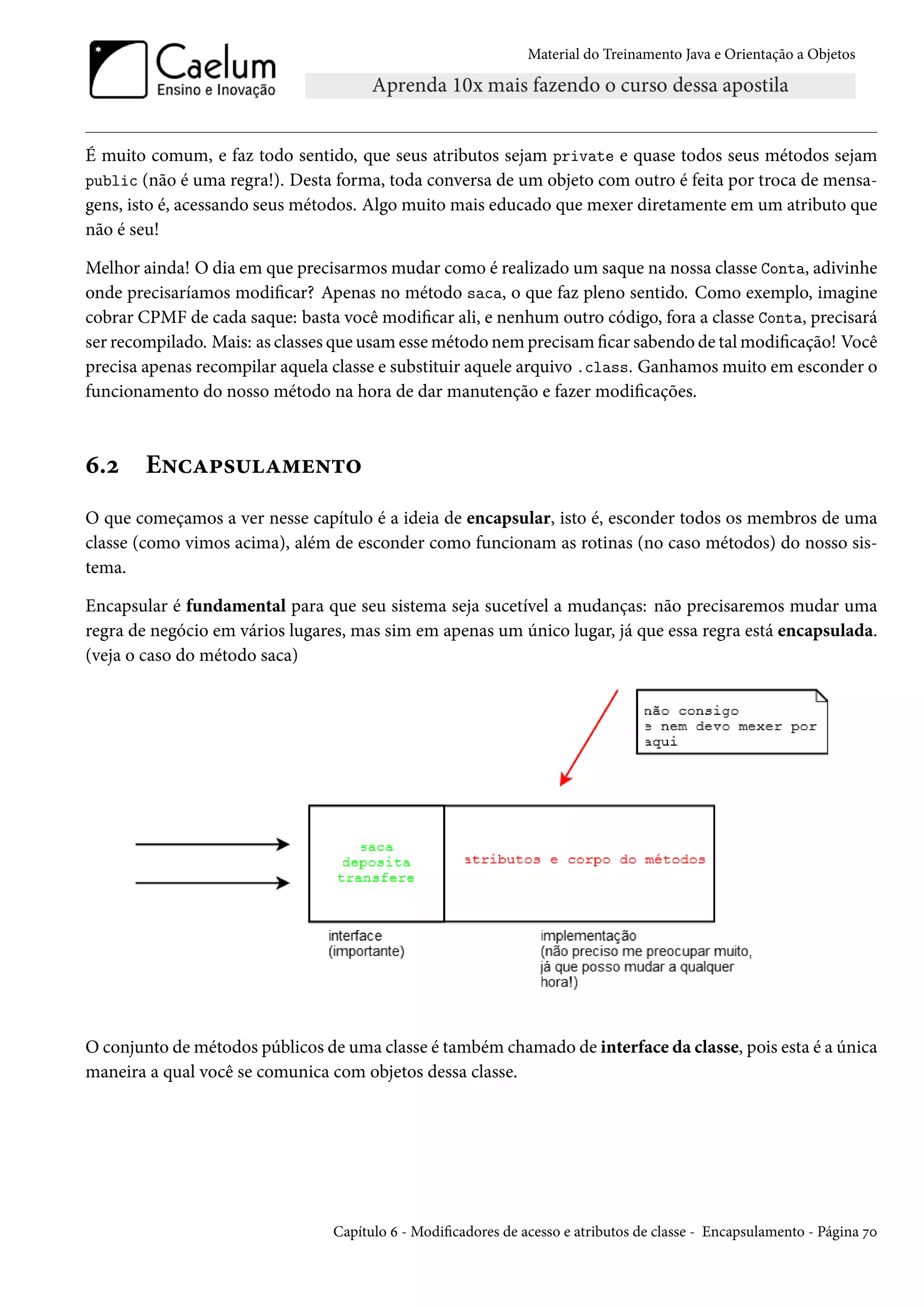 Material do Treinamento Java e Orientação a Objetos




É muito comum, e faz todo sentido, que seus atributos sejam private e quase todos seus métodos sejam
public (não é uma regra!). Desta forma, toda conversa de um objeto com outro é feita por troca de mensa-
gens, isto é, acessando seus métodos. Algo muito mais educado que mexer diretamente em um atributo que
não é seu!

Melhor ainda! O dia em que precisarmos mudar como é realizado um saque na nossa classe Conta, adivinhe
onde precisaríamos modificar? Apenas no método saca, o que faz pleno sentido. Como exemplo, imagine
cobrar CPMF de cada saque: basta você modificar ali, e nenhum outro código, fora a classe Conta, precisará
ser recompilado. Mais: as classes que usam esse método nem precisam ficar sabendo de tal modificação! Você
precisa apenas recompilar aquela classe e substituir aquele arquivo .class. Ganhamos muito em esconder o
funcionamento do nosso método na hora de dar manutenção e fazer modificações.



6.2     Encapsulamento
O que começamos a ver nesse capítulo é a ideia de encapsular, isto é, esconder todos os membros de uma
classe (como vimos acima), além de esconder como funcionam as rotinas (no caso métodos) do nosso sis-
tema.

Encapsular é fundamental para que seu sistema seja sucetível a mudanças: não precisaremos mudar uma
regra de negócio em vários lugares, mas sim em apenas um único lugar, já que essa regra está encapsulada.
(veja o caso do método saca)




O conjunto de métodos públicos de uma classe é também chamado de interface da classe, pois esta é a única
maneira a qual você se comunica com objetos dessa classe.




                                 Capítulo 6 - Modificadores de acesso e atributos de classe - Encapsulamento - Página 70
 